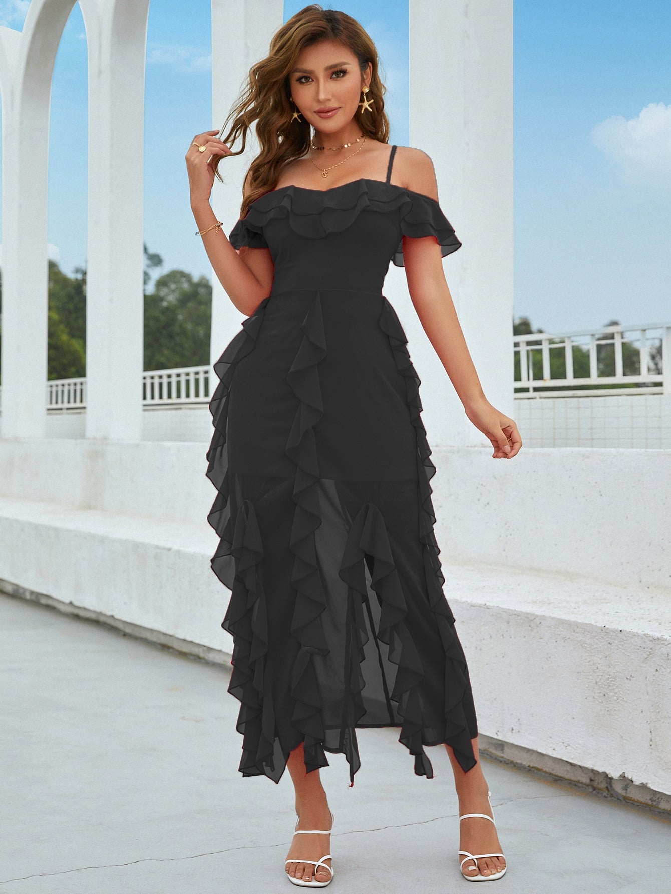 Eilly Bazar Cold Shoulder Layered Ruffle Trim Split Thigh Dress