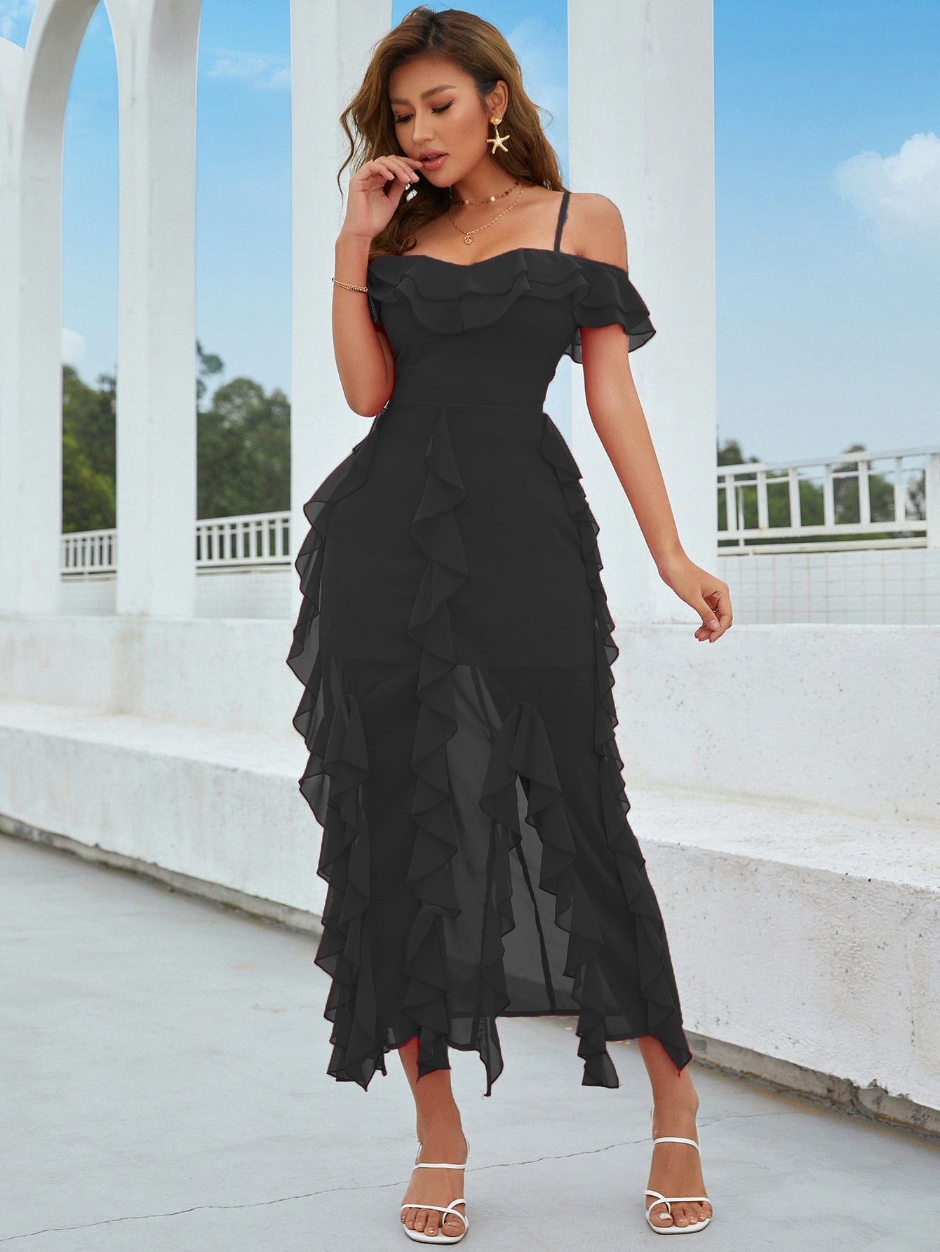 Eilly Bazar Cold Shoulder Layered Ruffle Trim Split Thigh Dress