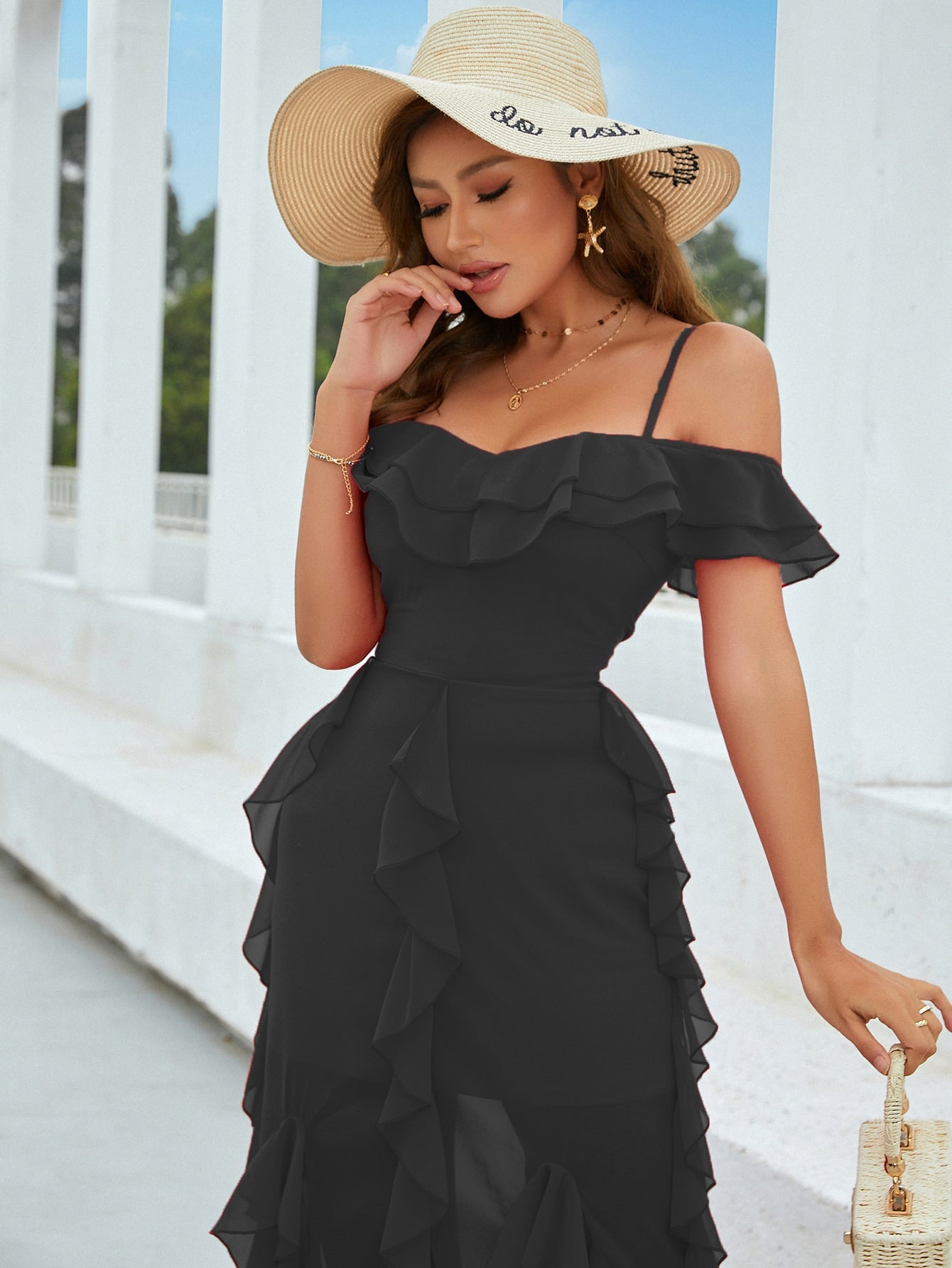 Eilly Bazar Cold Shoulder Layered Ruffle Trim Split Thigh Dress