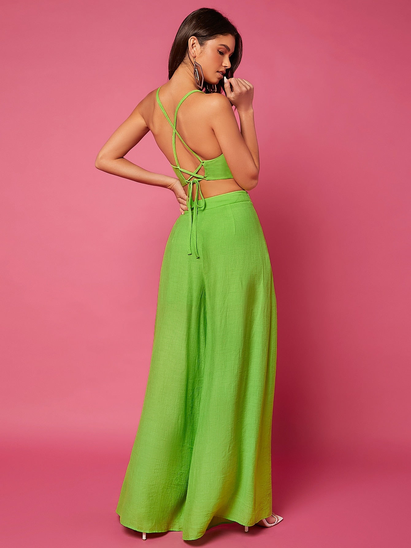Solid Lace Up Backless Cami Top Pants Set