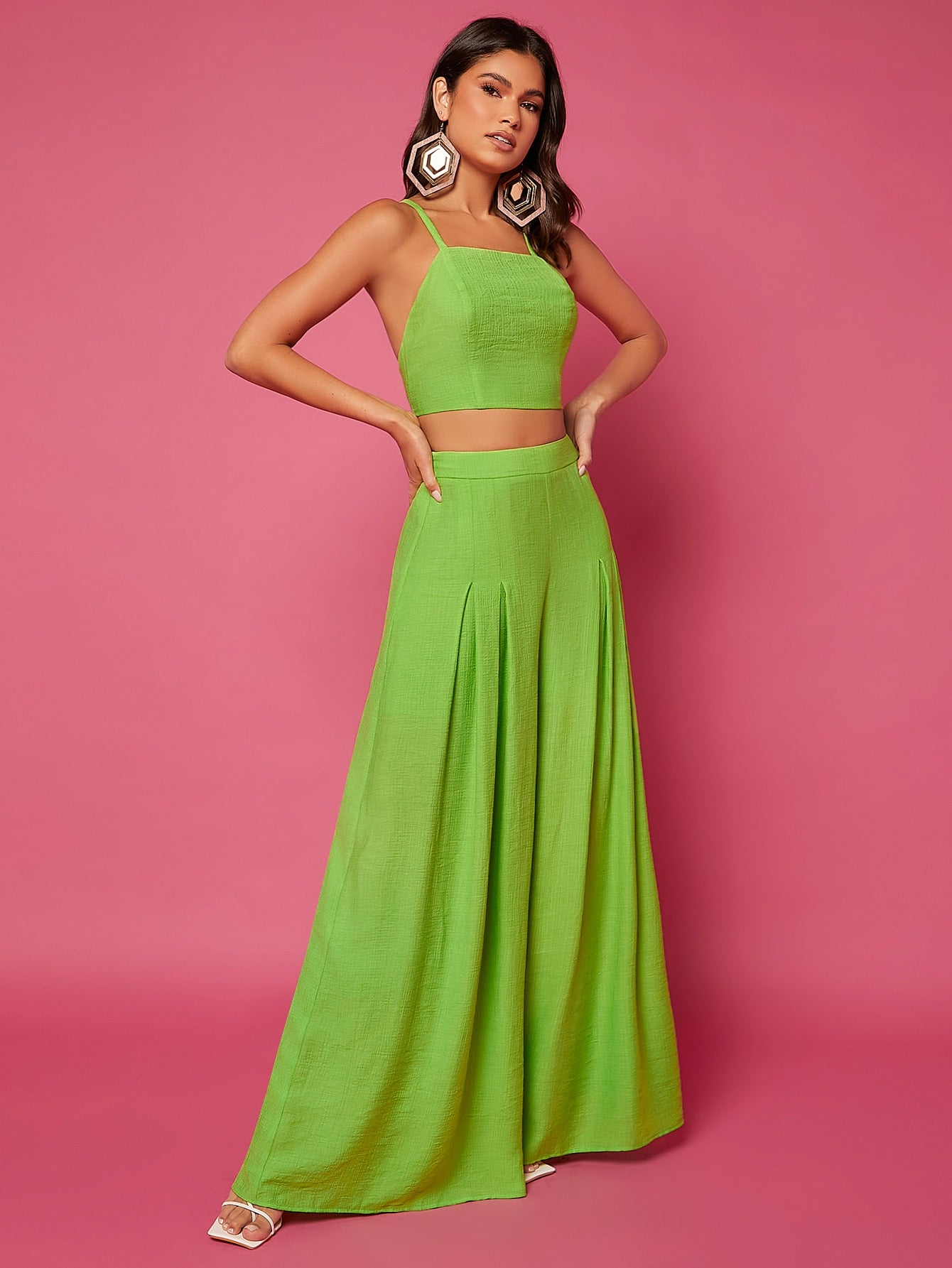 Solid Lace Up Backless Cami Top Pants Set
