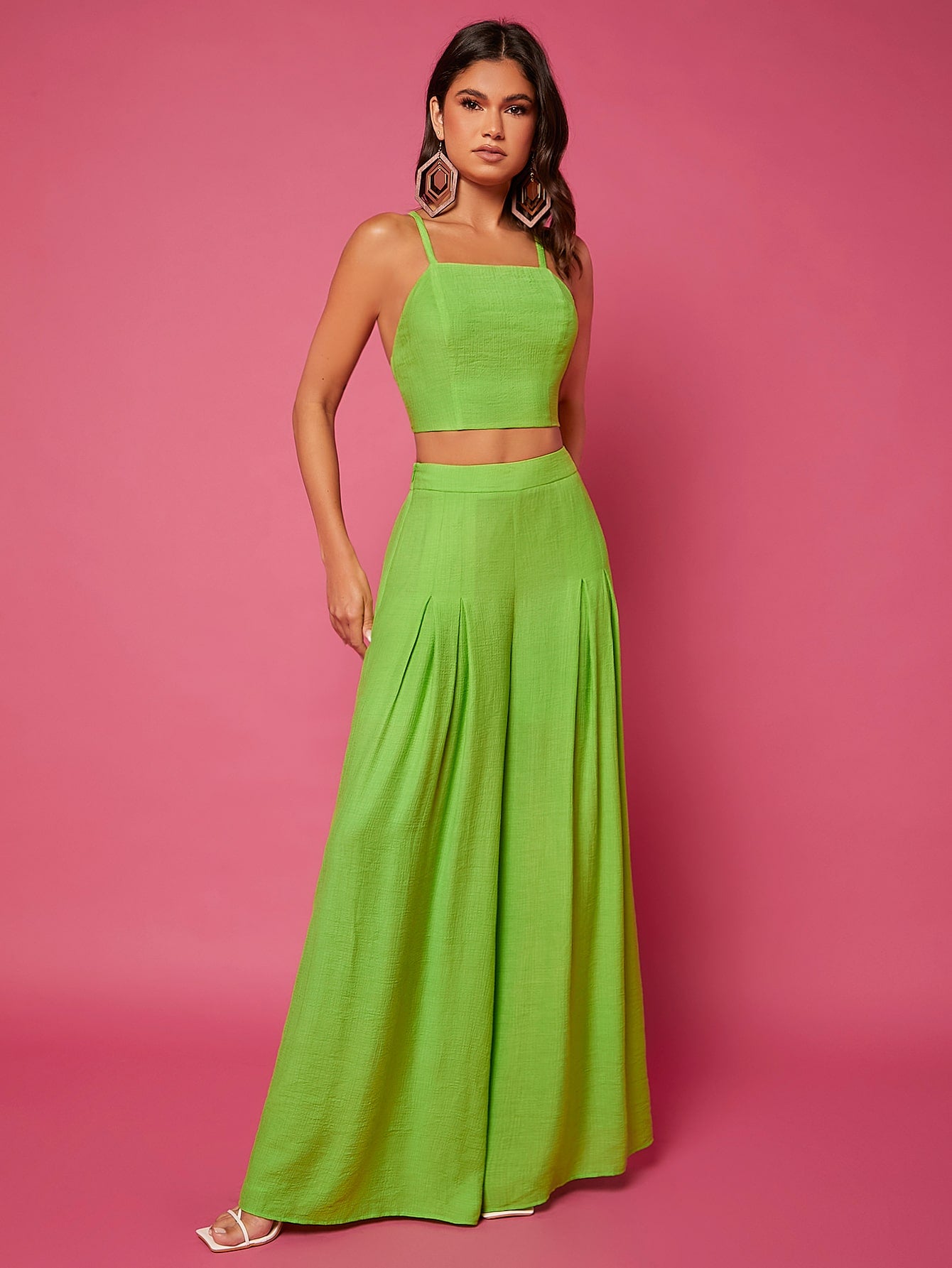 Solid Lace Up Backless Cami Top Pants Set