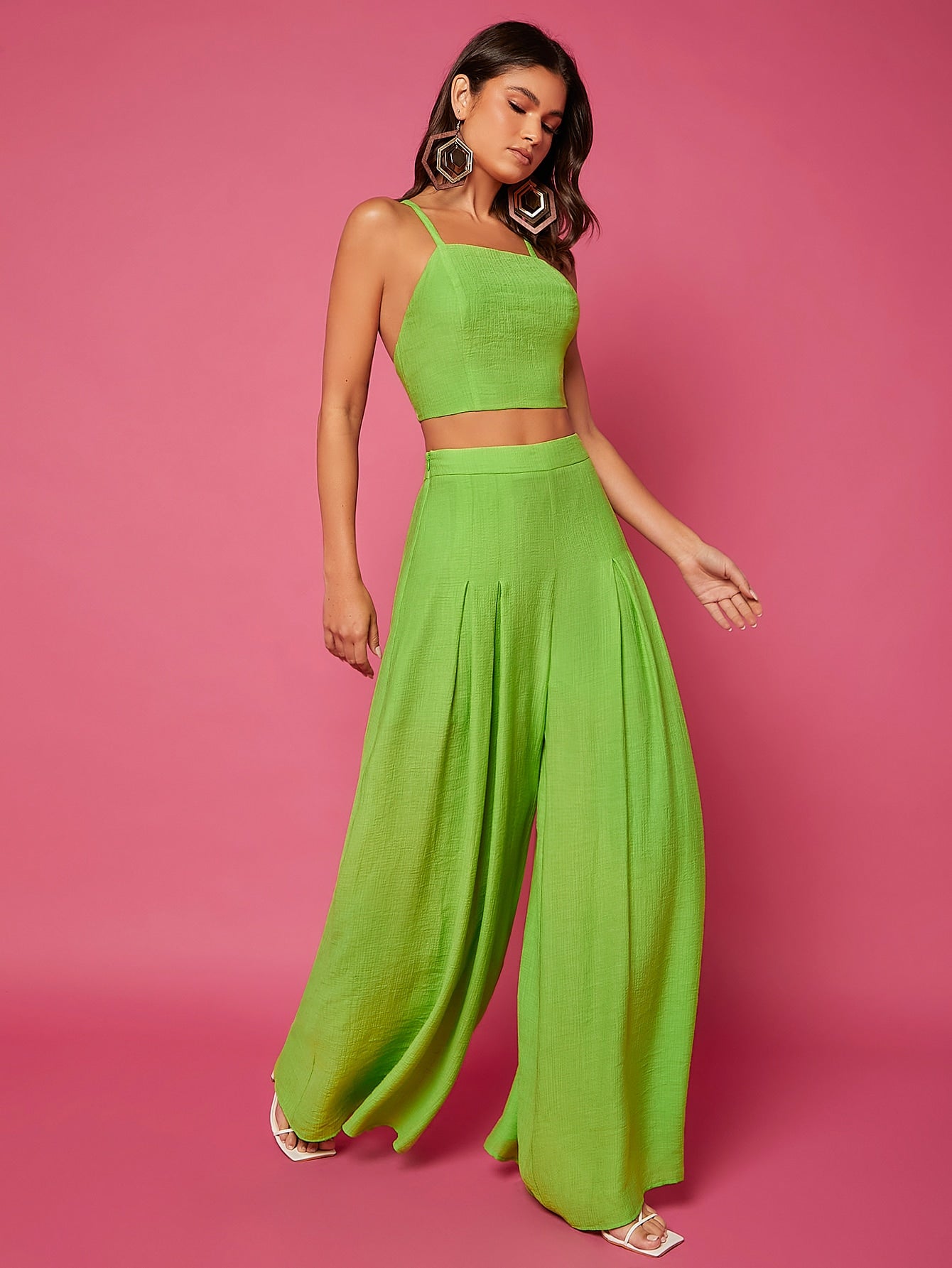 Solid Lace Up Backless Cami Top Pants Set
