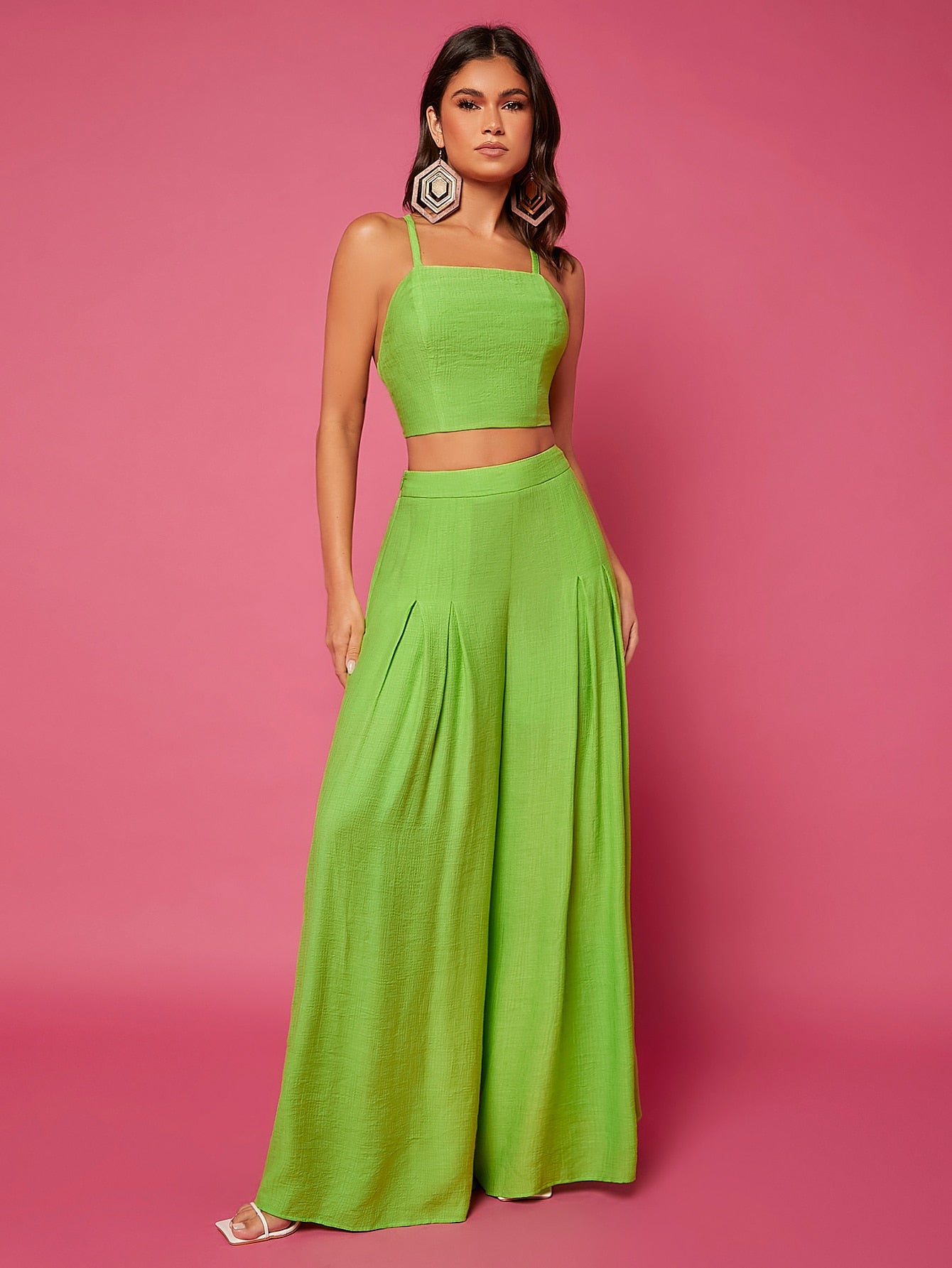 Solid Lace Up Backless Cami Top Pants Set
