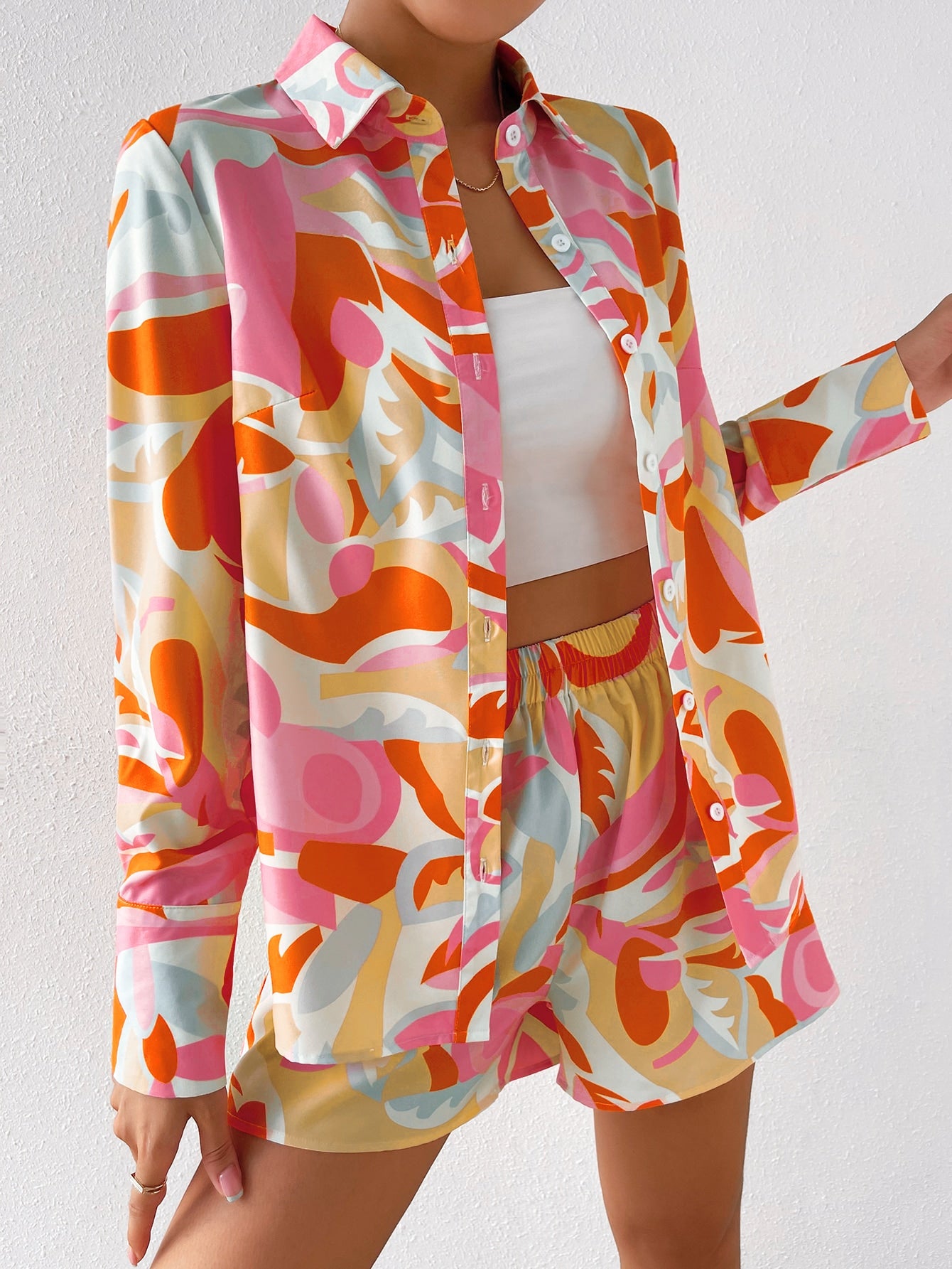 All Over Print Button Front Shirt Shorts