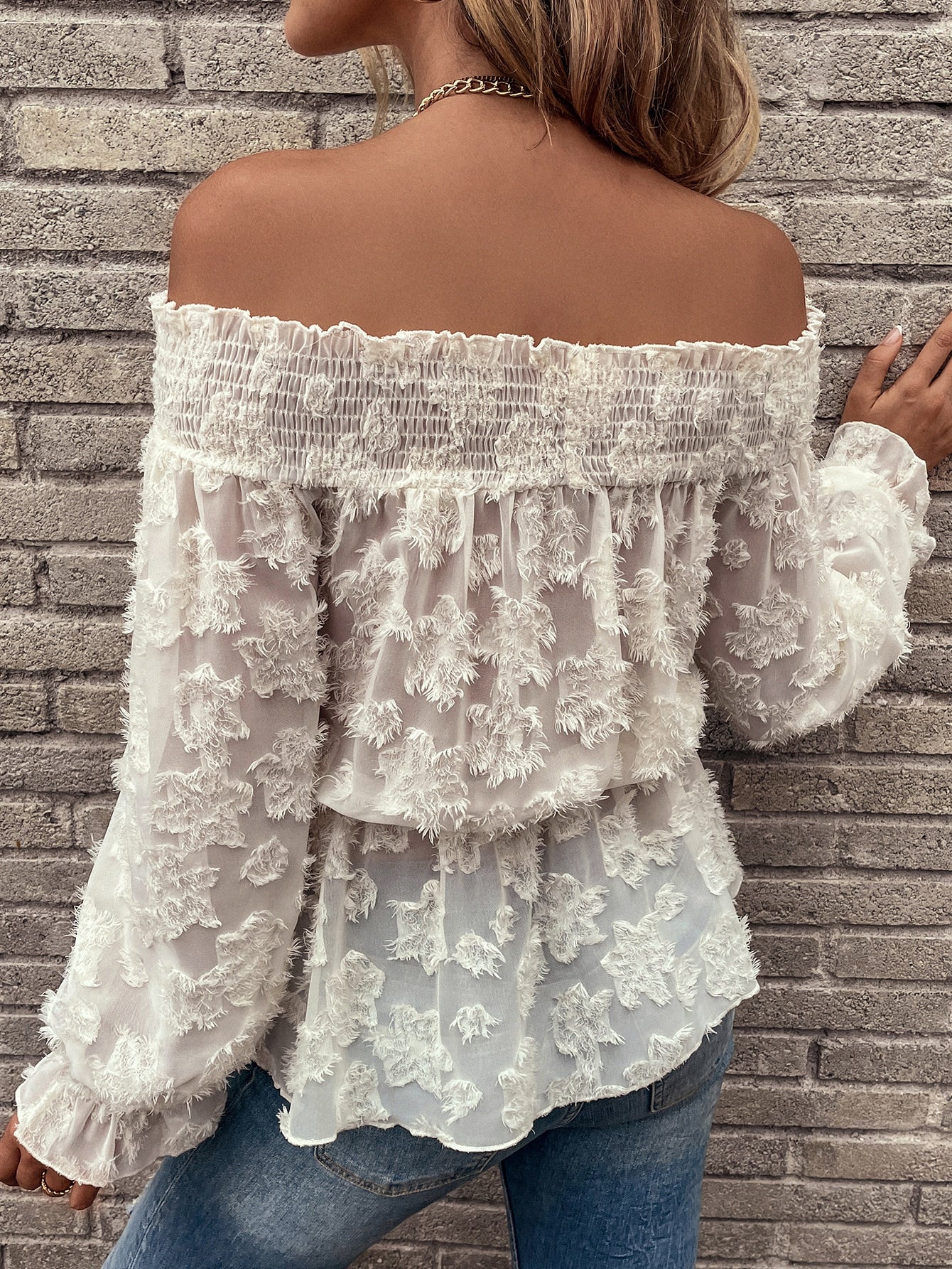 Fuzzy Shirred Frill Trim Peplum Blouse