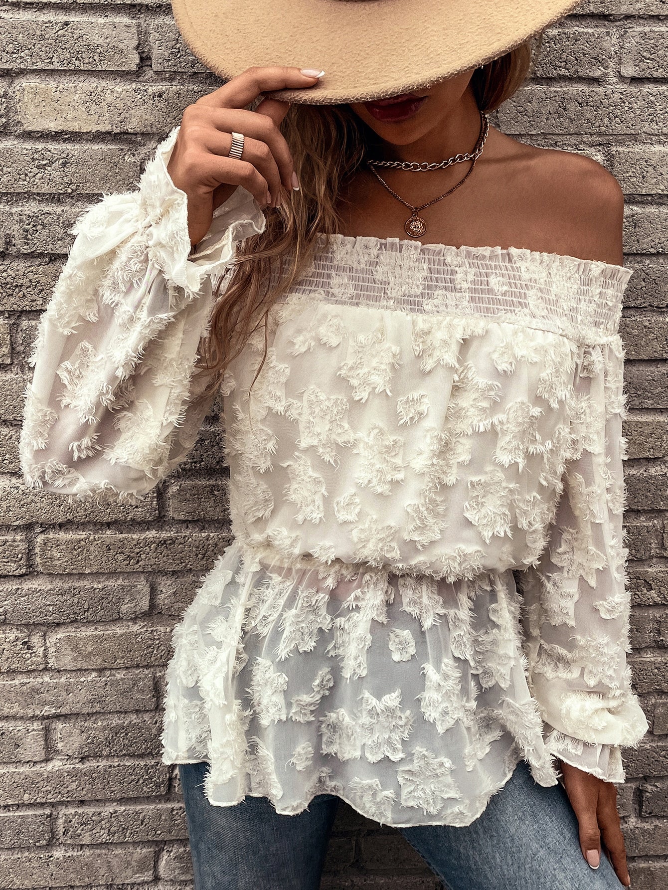 Fuzzy Shirred Frill Trim Peplum Blouse