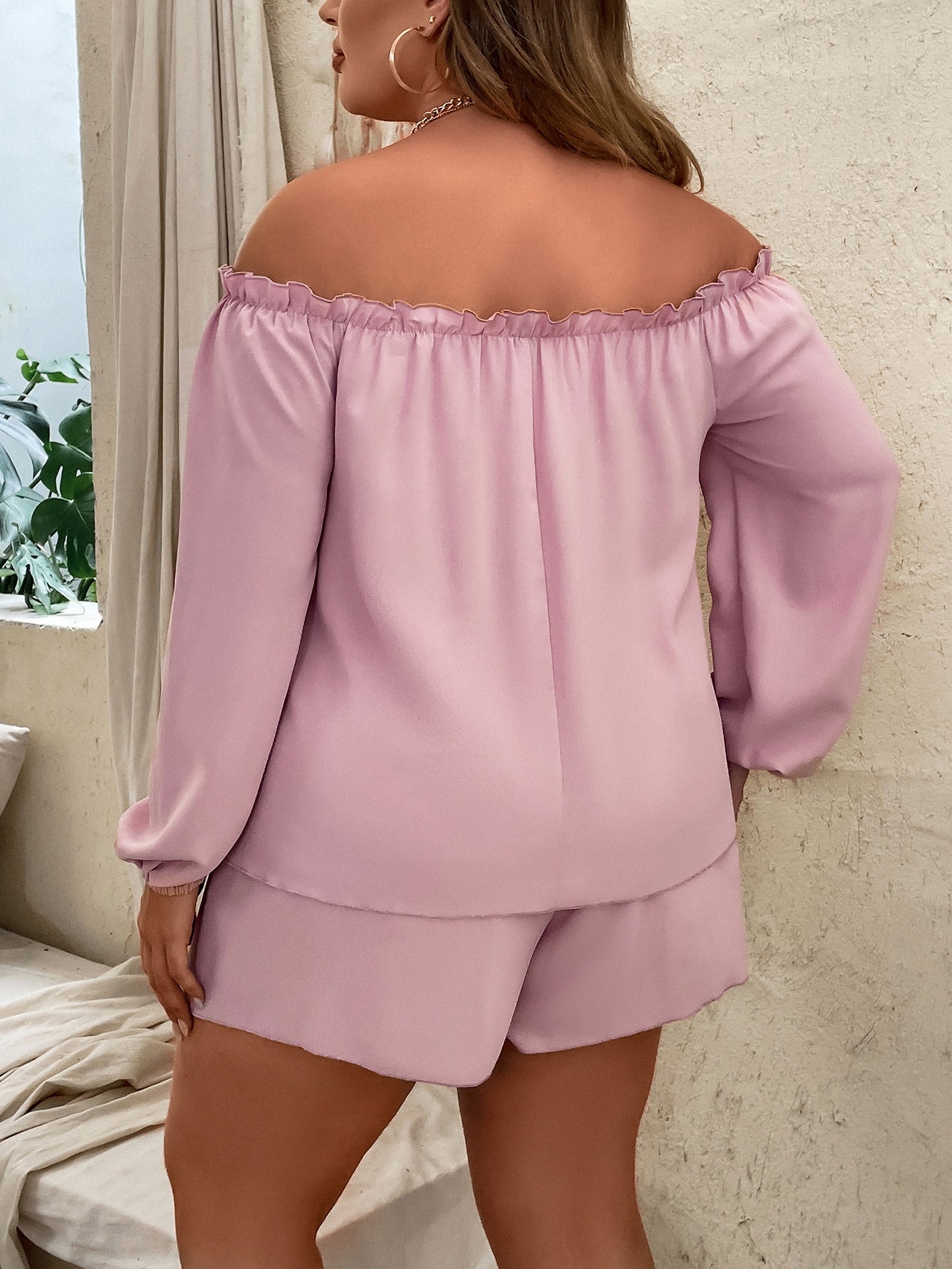Plus Off Shoulder Frill Trim Lantern Sleeve Top Tie Front Shorts