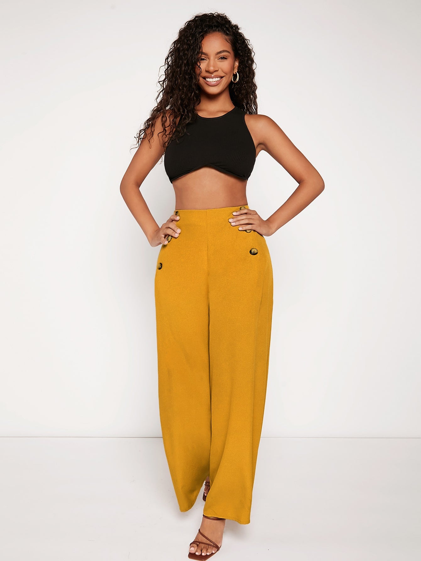 Bizwear High Waist Buttoned Front Wide Leg Pants