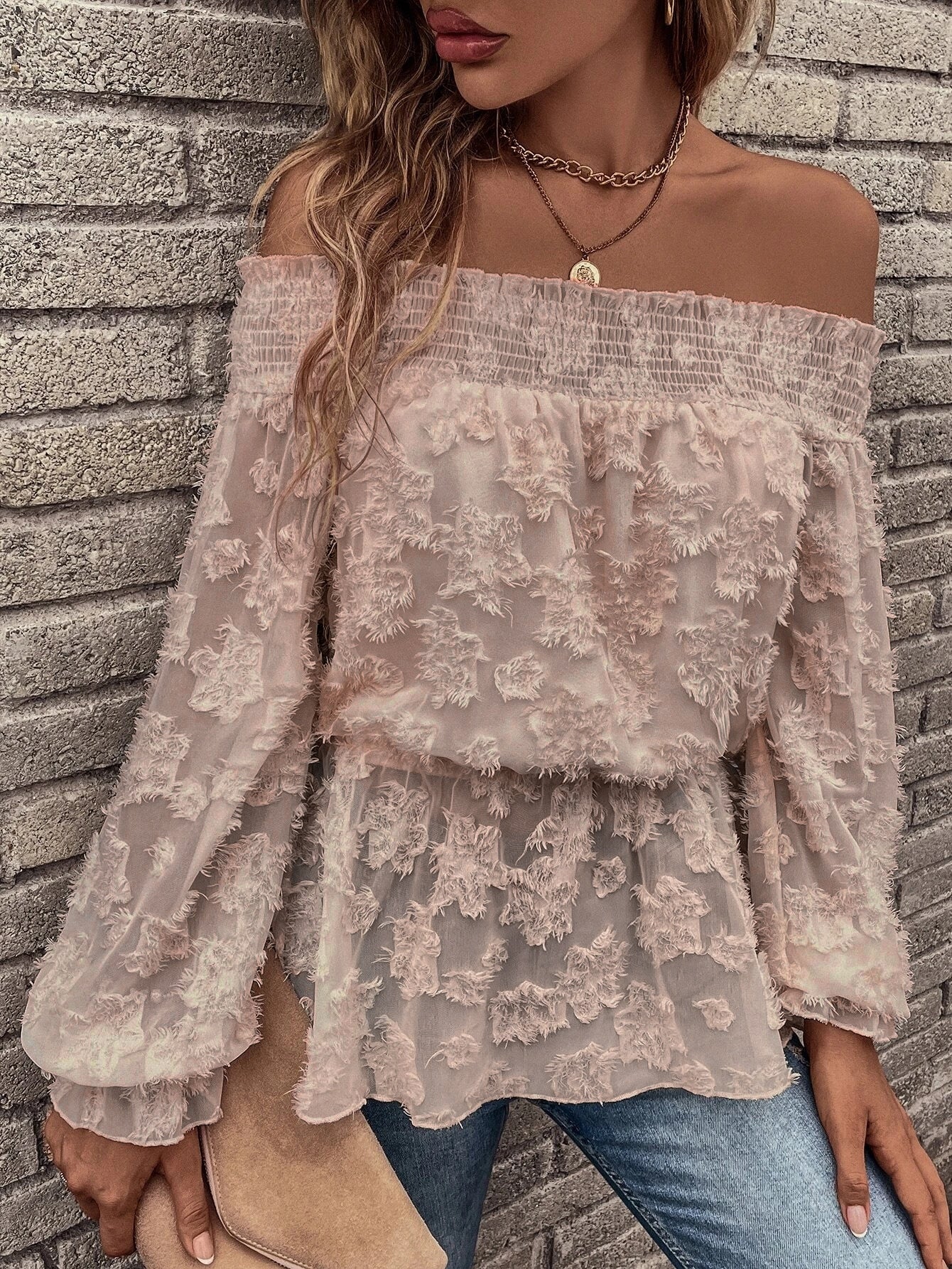 Fuzzy Shirred Frill Trim Peplum Blouse