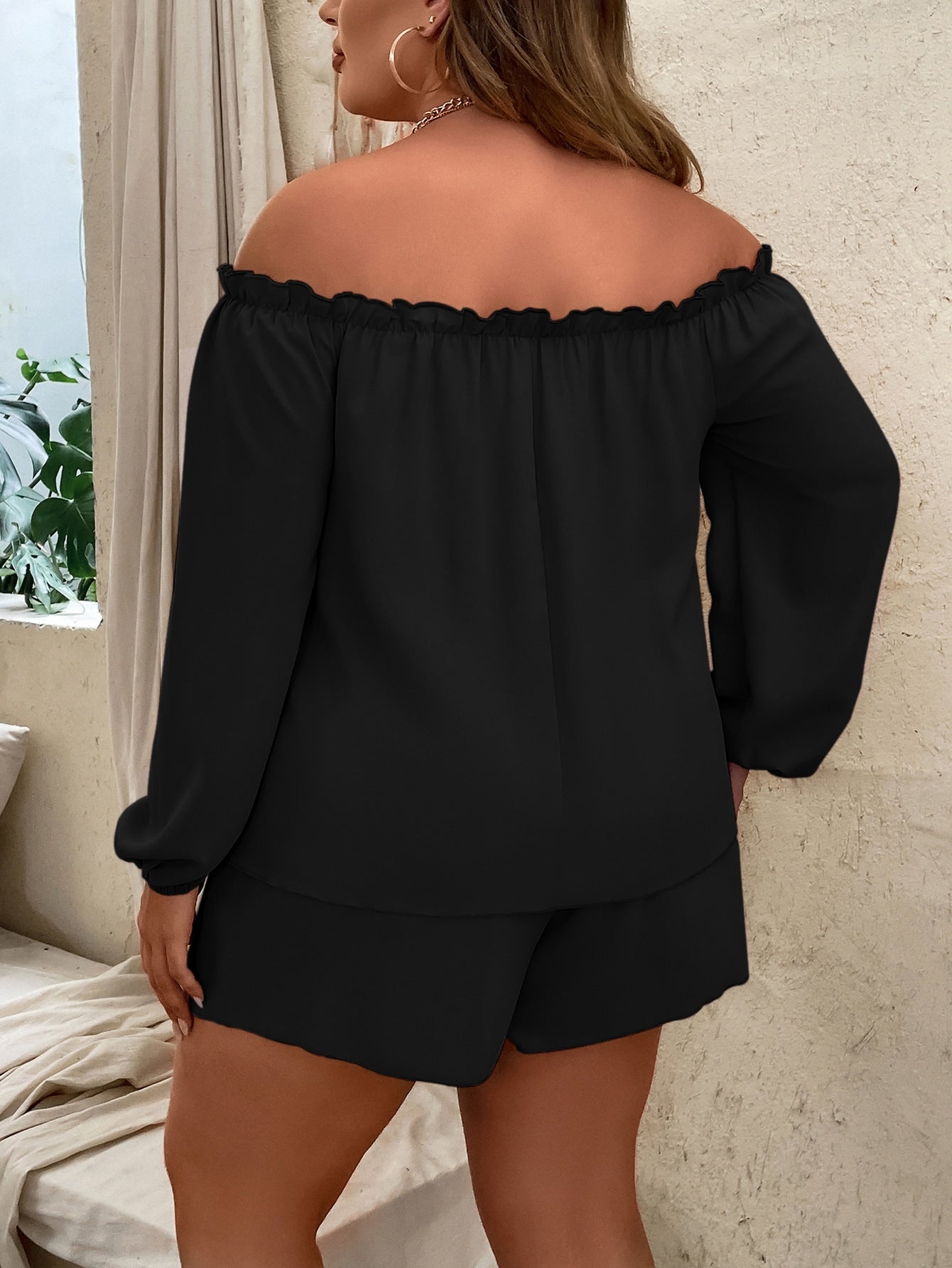 Plus Off Shoulder Frill Trim Lantern Sleeve Top Tie Front Shorts