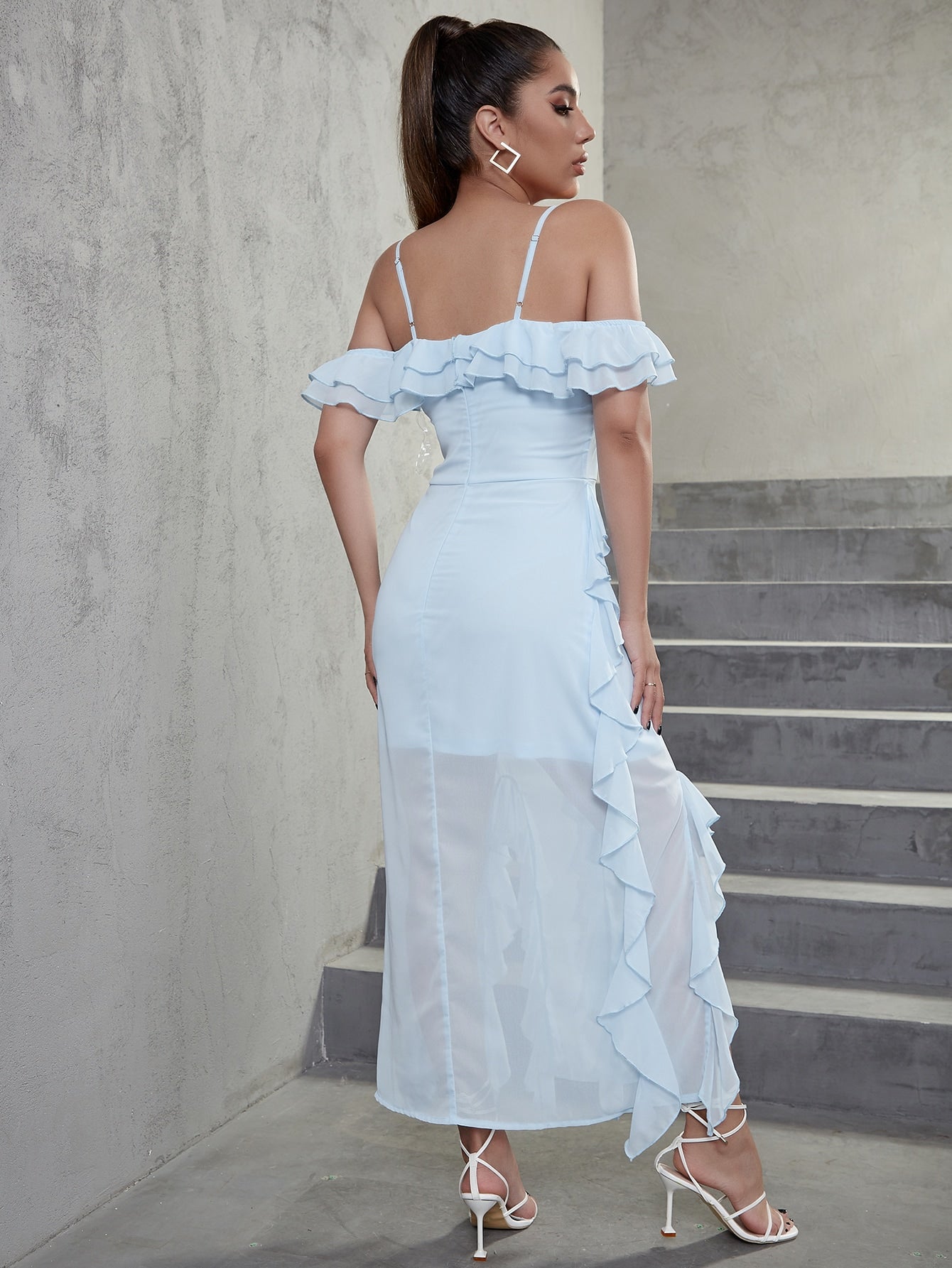 Eilly Bazar Cold Shoulder Layered Ruffle Trim Split Thigh Dress