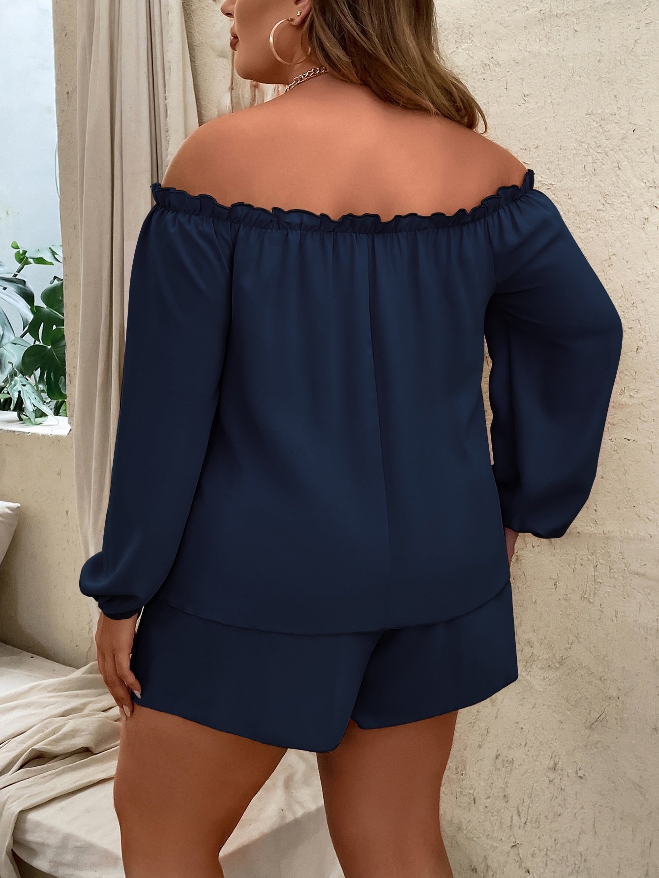 Plus Off Shoulder Frill Trim Lantern Sleeve Top Tie Front Shorts