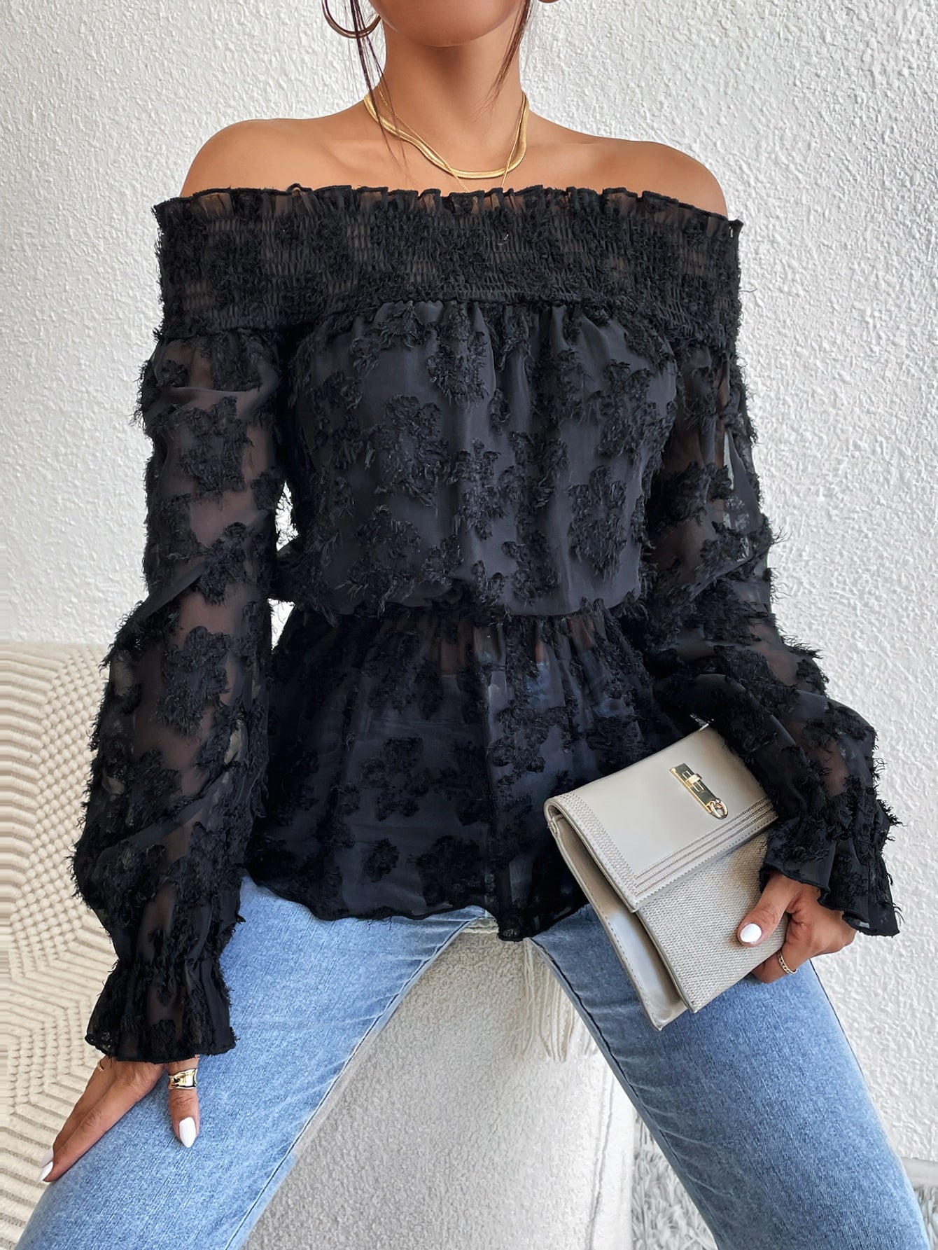 Fuzzy Shirred Frill Trim Peplum Blouse