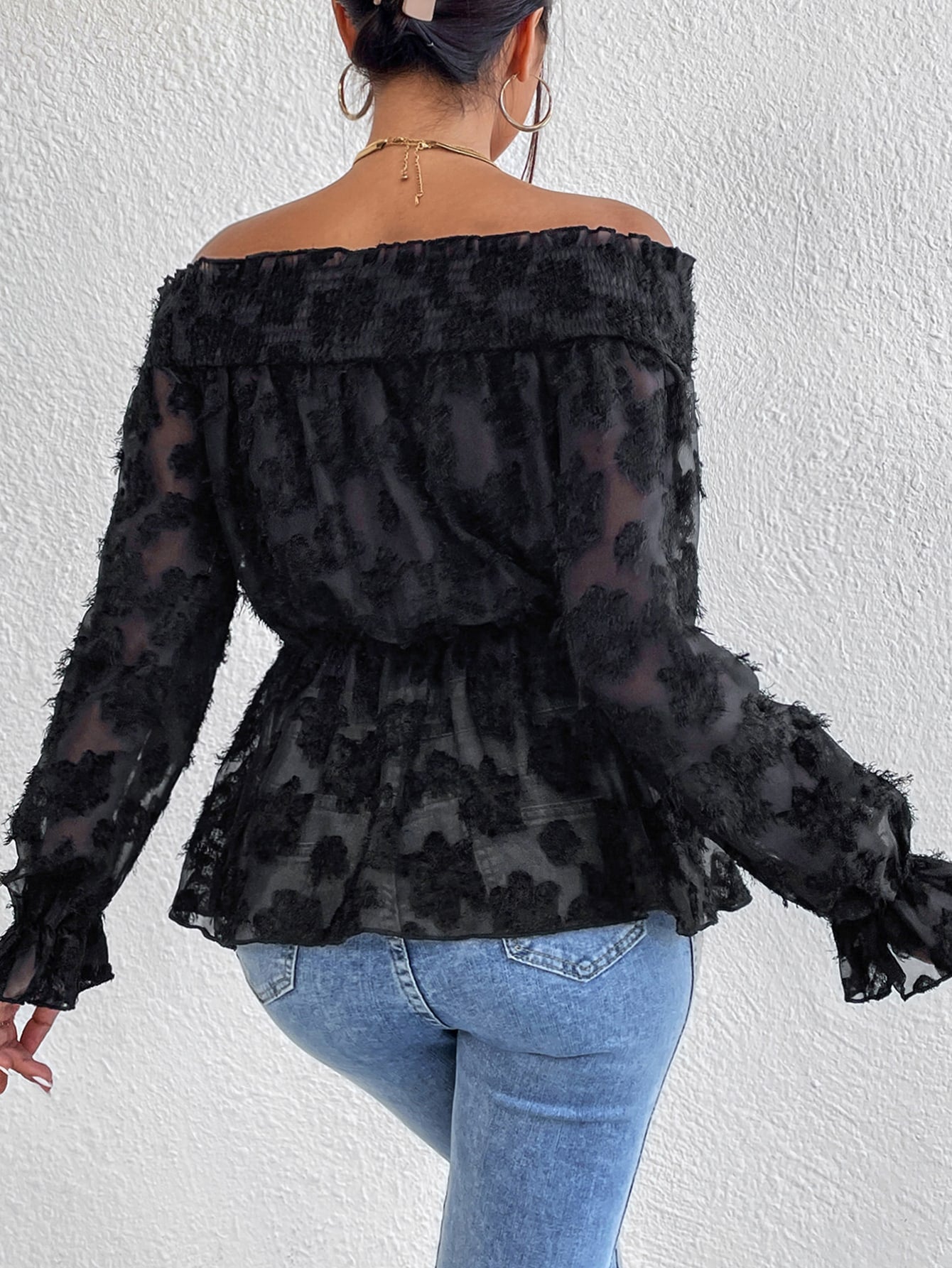 Fuzzy Shirred Frill Trim Peplum Blouse