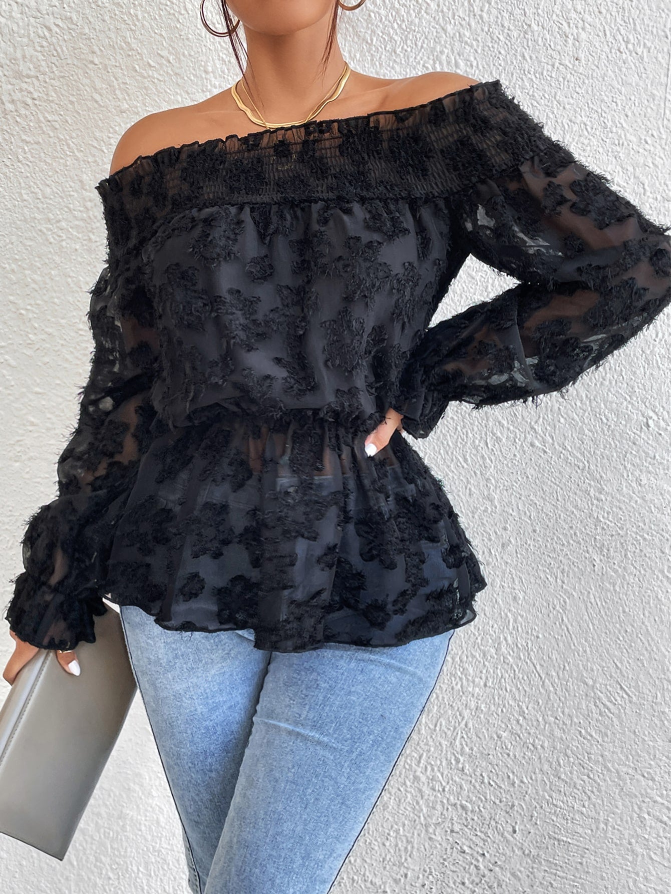 Fuzzy Shirred Frill Trim Peplum Blouse