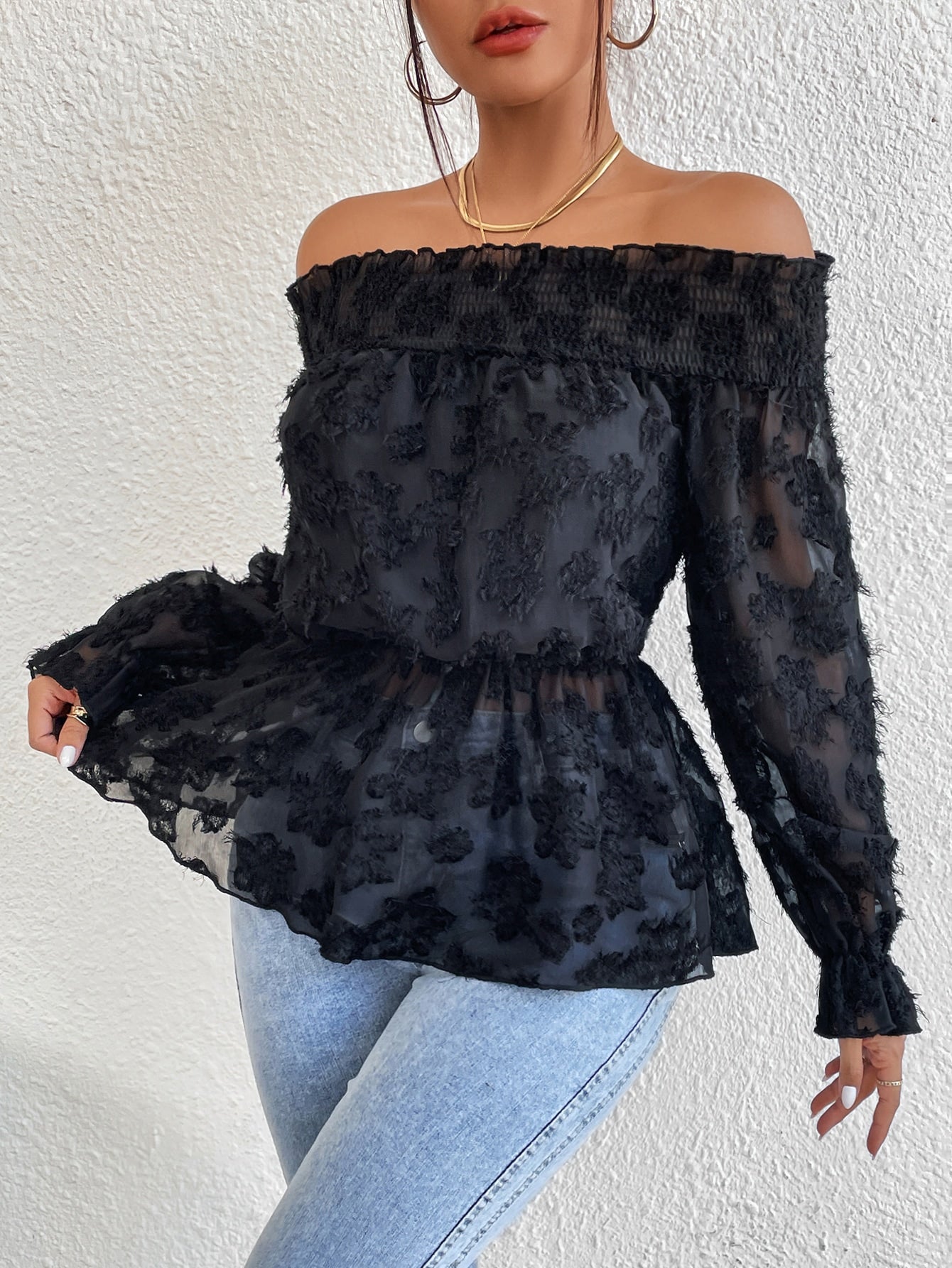 Fuzzy Shirred Frill Trim Peplum Blouse