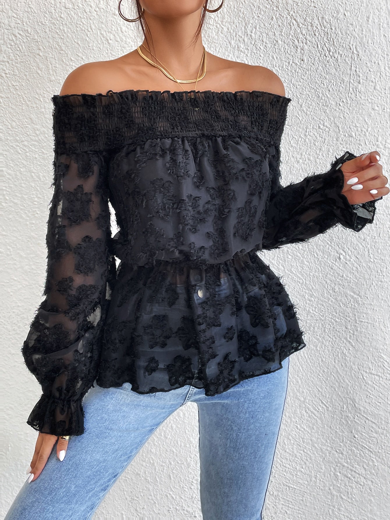 Fuzzy Shirred Frill Trim Peplum Blouse