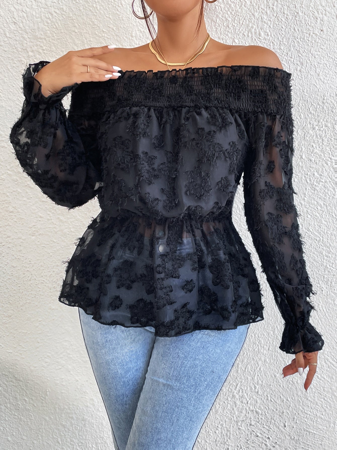 Fuzzy Shirred Frill Trim Peplum Blouse
