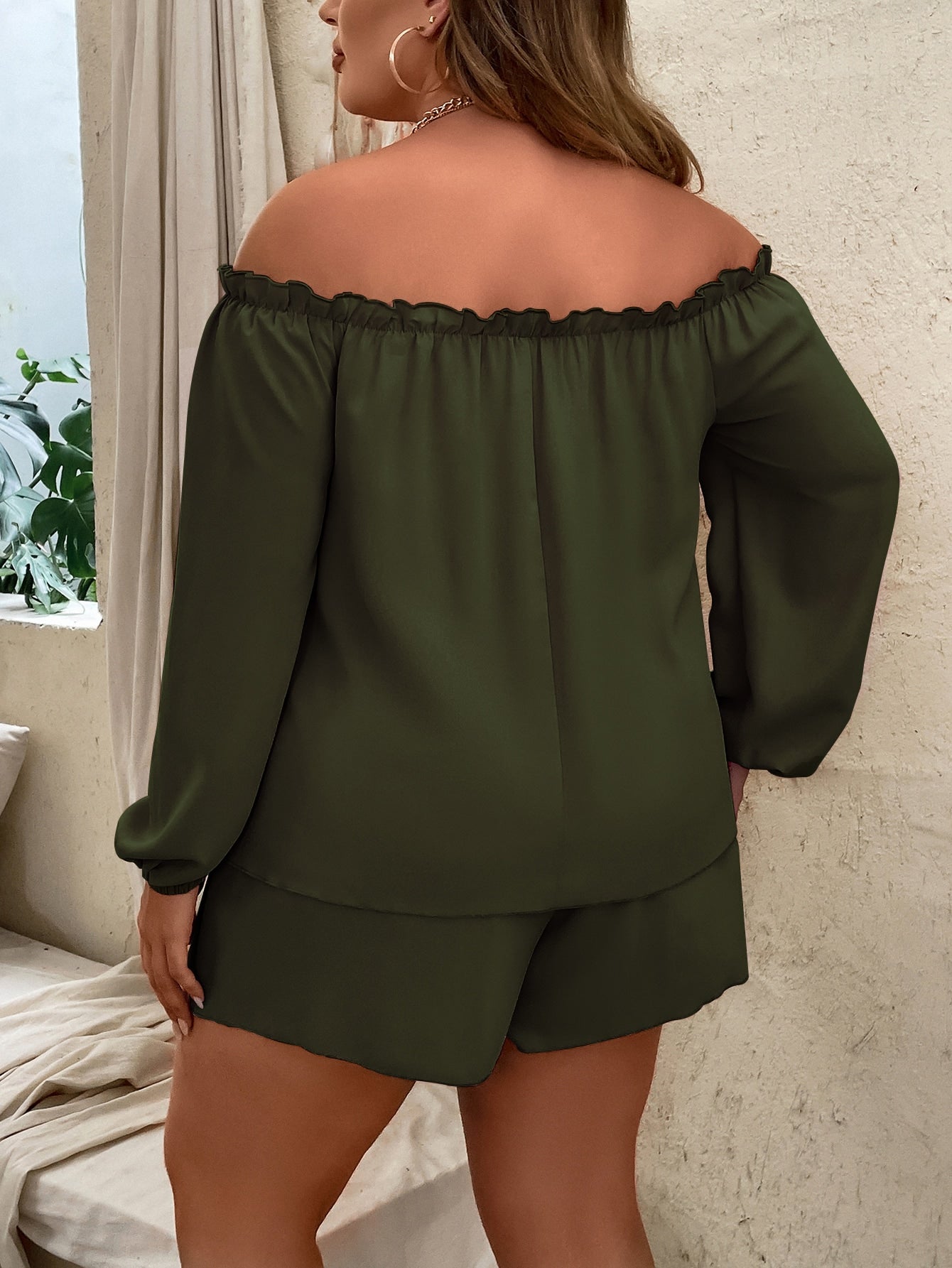 Plus Off Shoulder Frill Trim Lantern Sleeve Top Tie Front Shorts