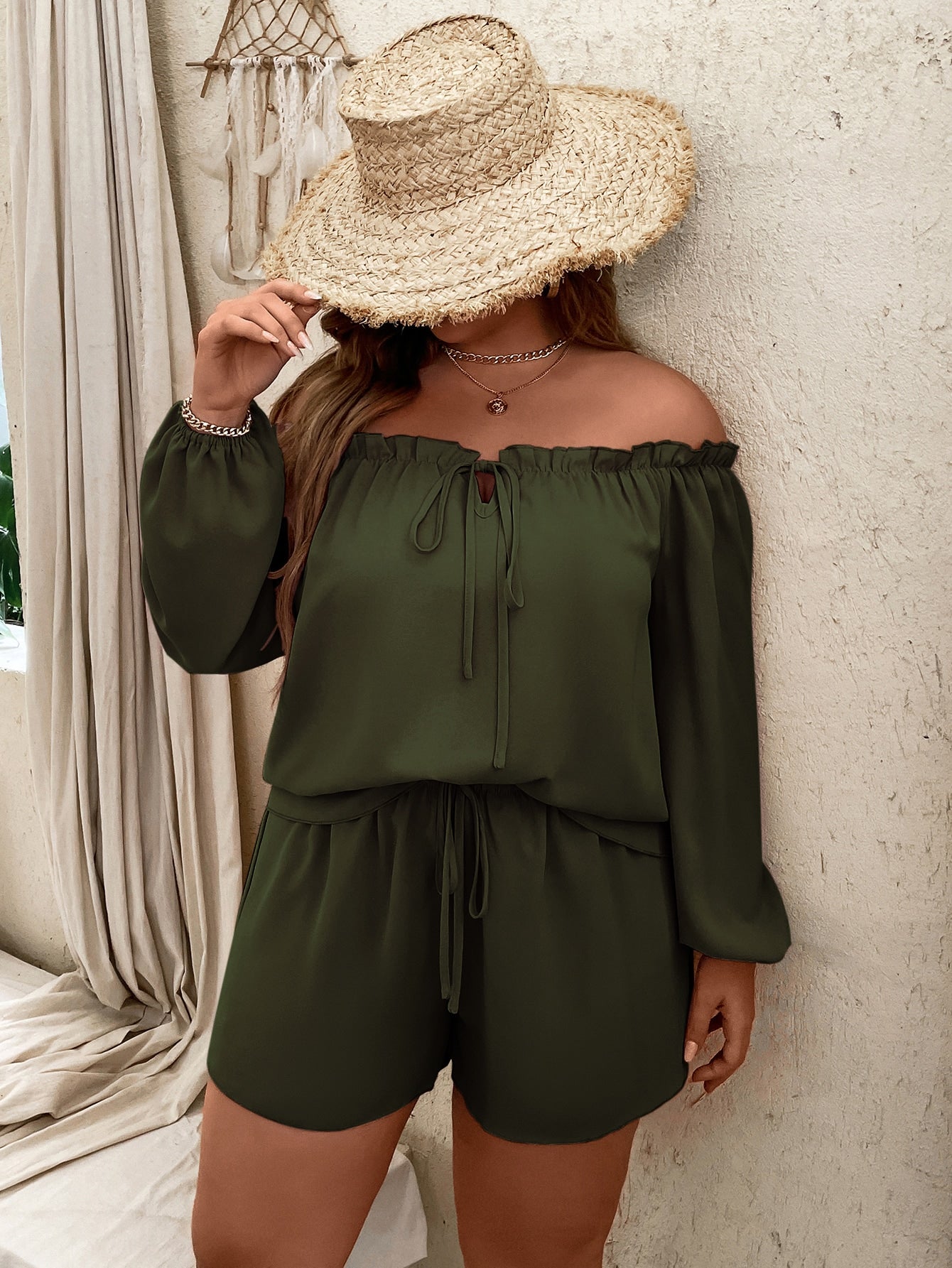 Plus Off Shoulder Frill Trim Lantern Sleeve Top Tie Front Shorts