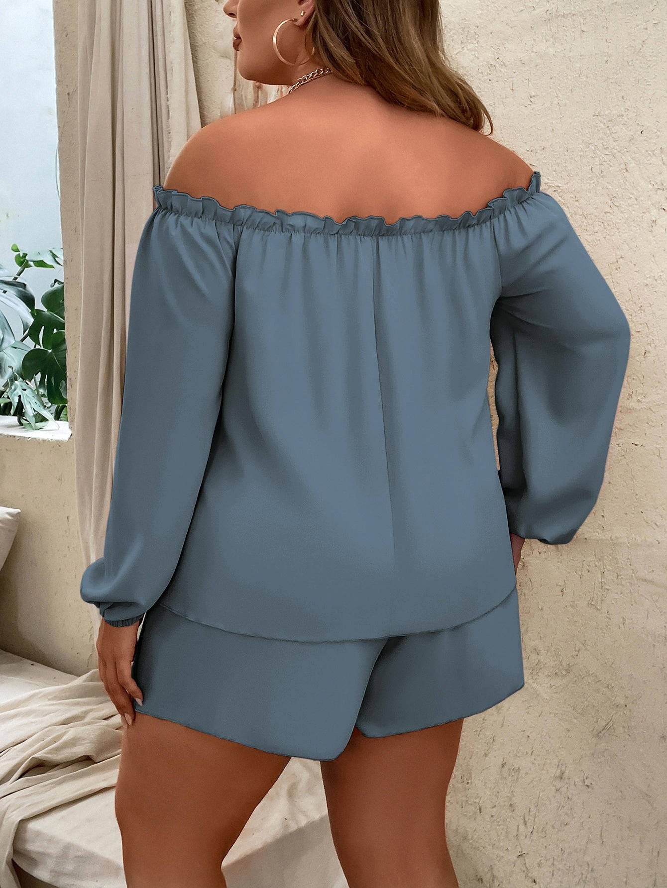 Plus Off Shoulder Frill Trim Lantern Sleeve Top Tie Front Shorts