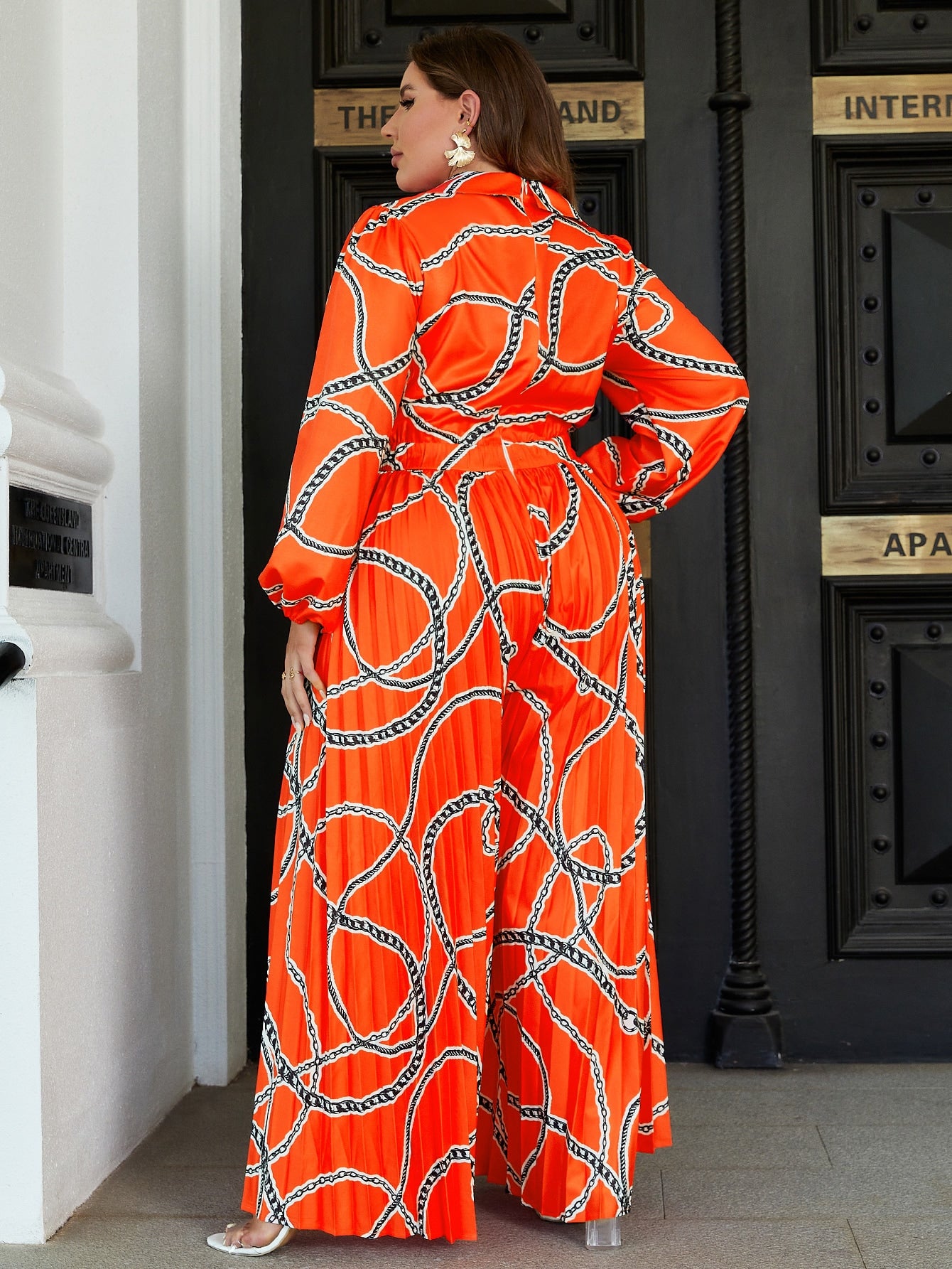 Glamaker Plus Chain Print Lantern Sleeve Knot Front Wide Leg Jumpsuit