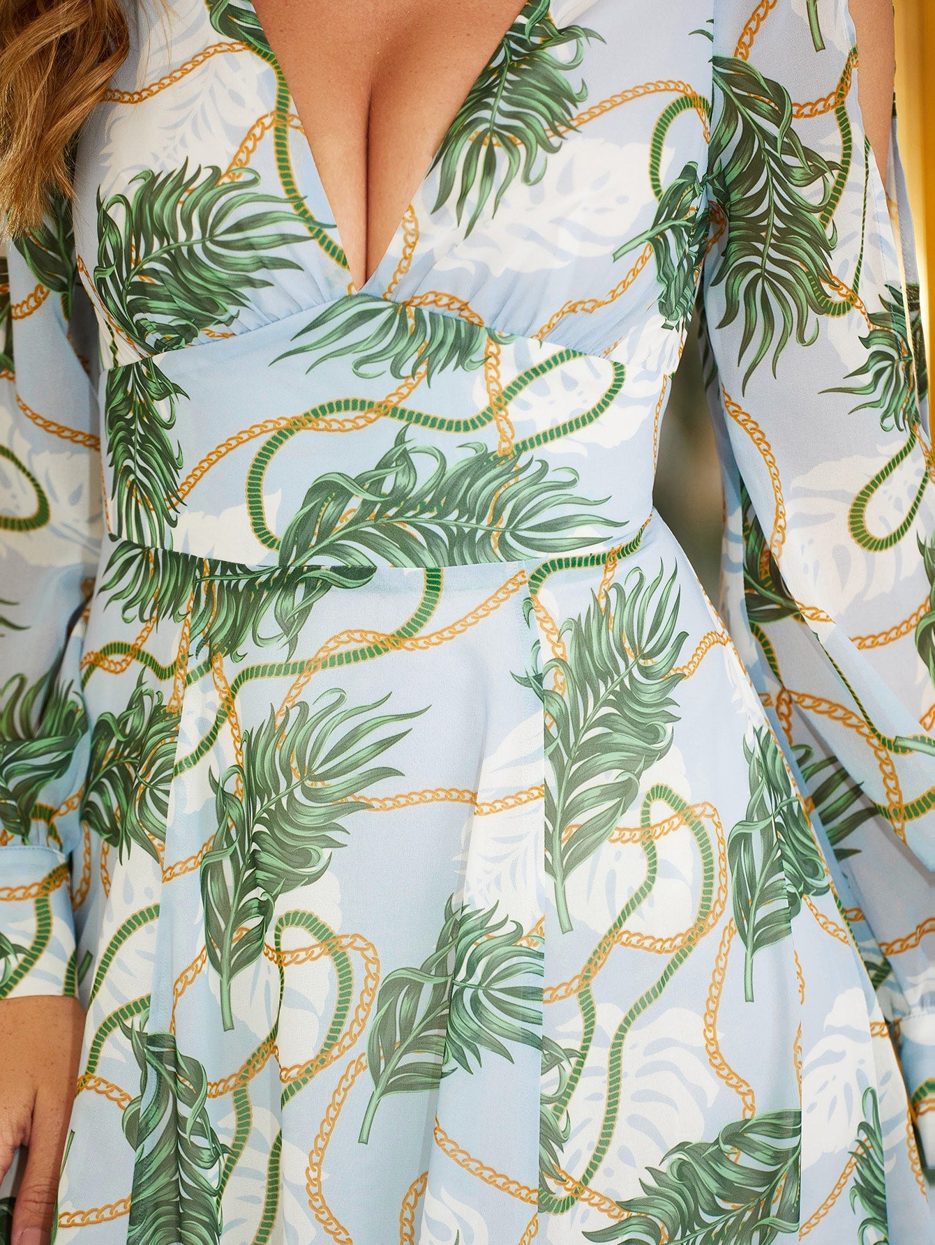 Tropical Print Cold Shoulder Chiffon Dress
