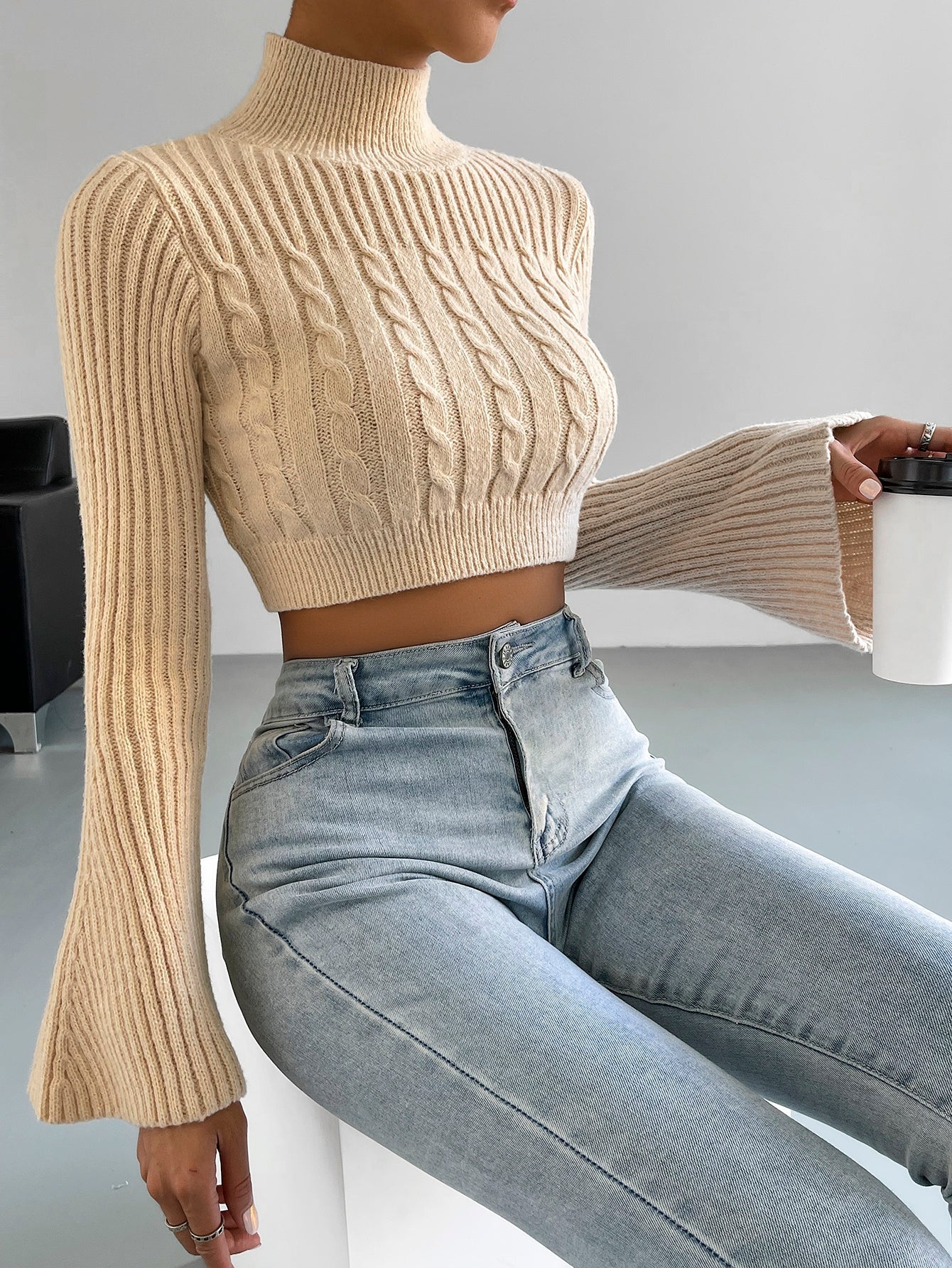 High Neck Trumpet Sleeve Cable Knit Crop Sweater