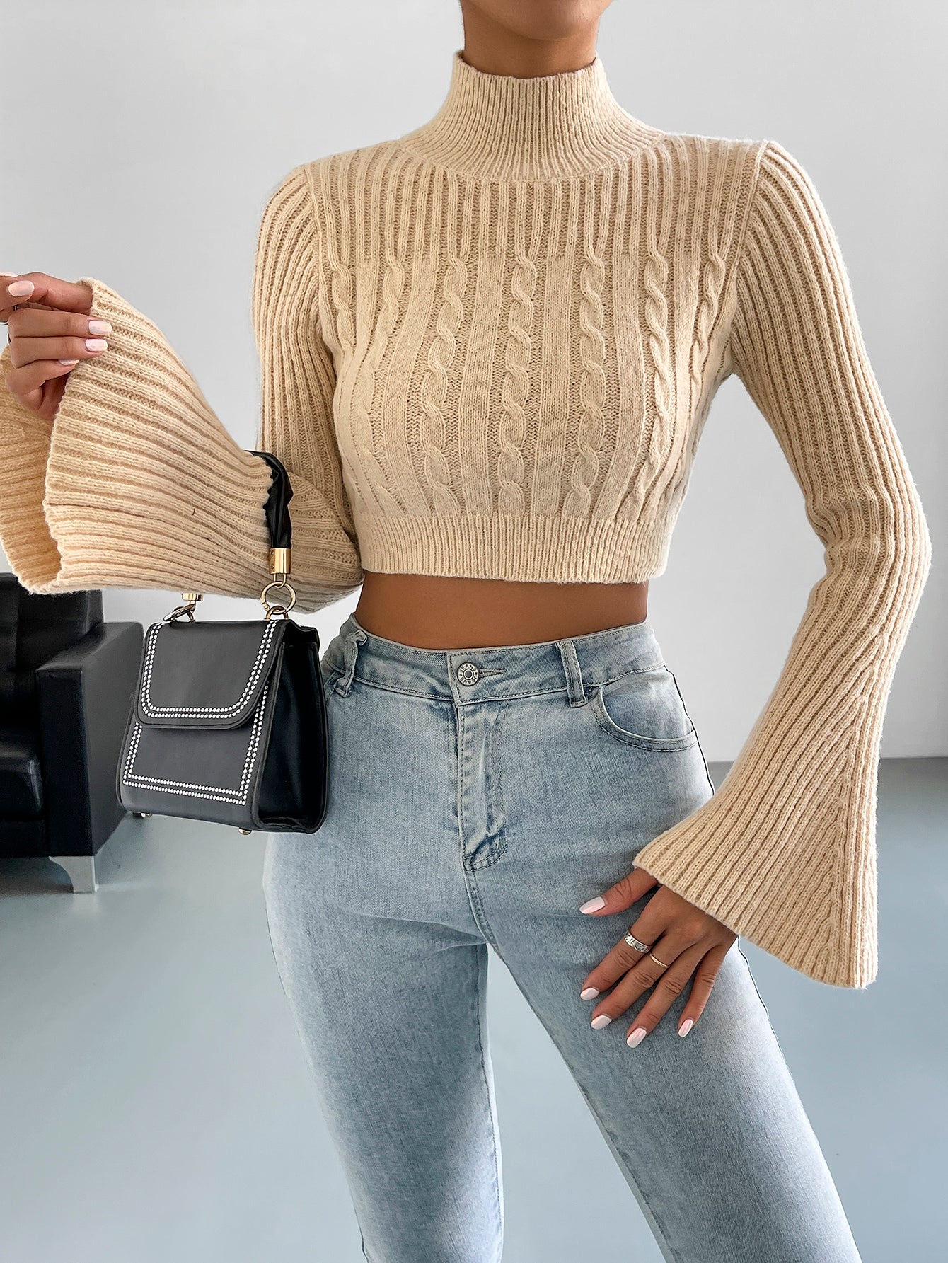 High Neck Trumpet Sleeve Cable Knit Crop Sweater