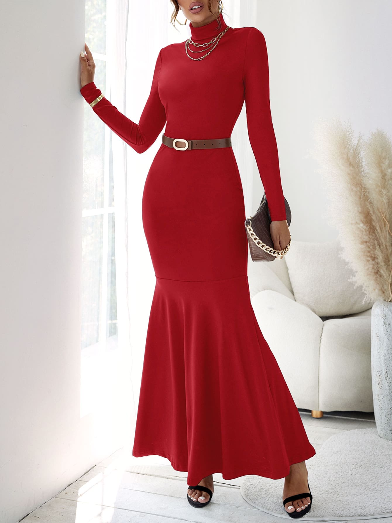 Solid Turtleneck Mermaid Hem Maxi Dress Without Belt