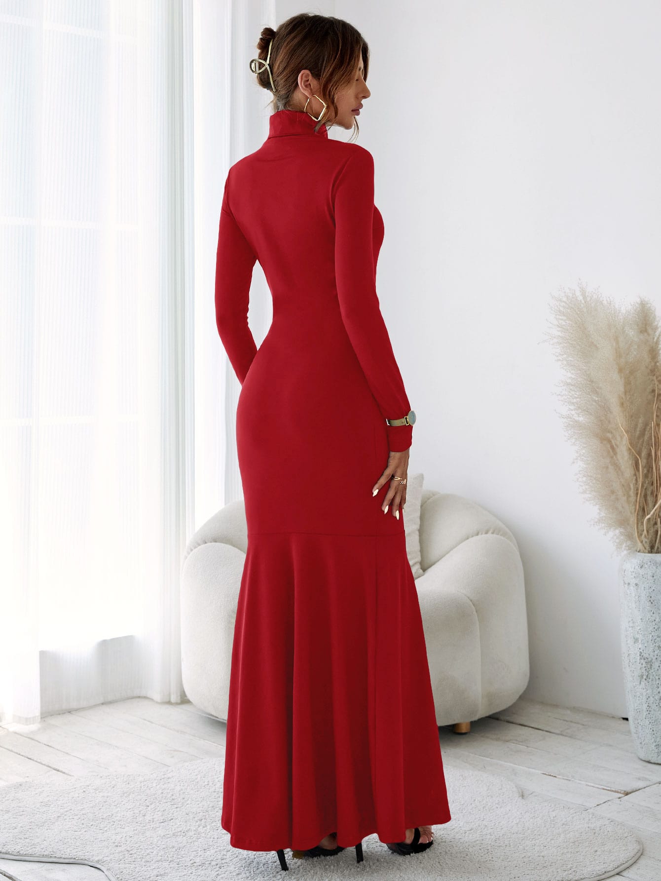 Solid Turtleneck Mermaid Hem Maxi Dress Without Belt