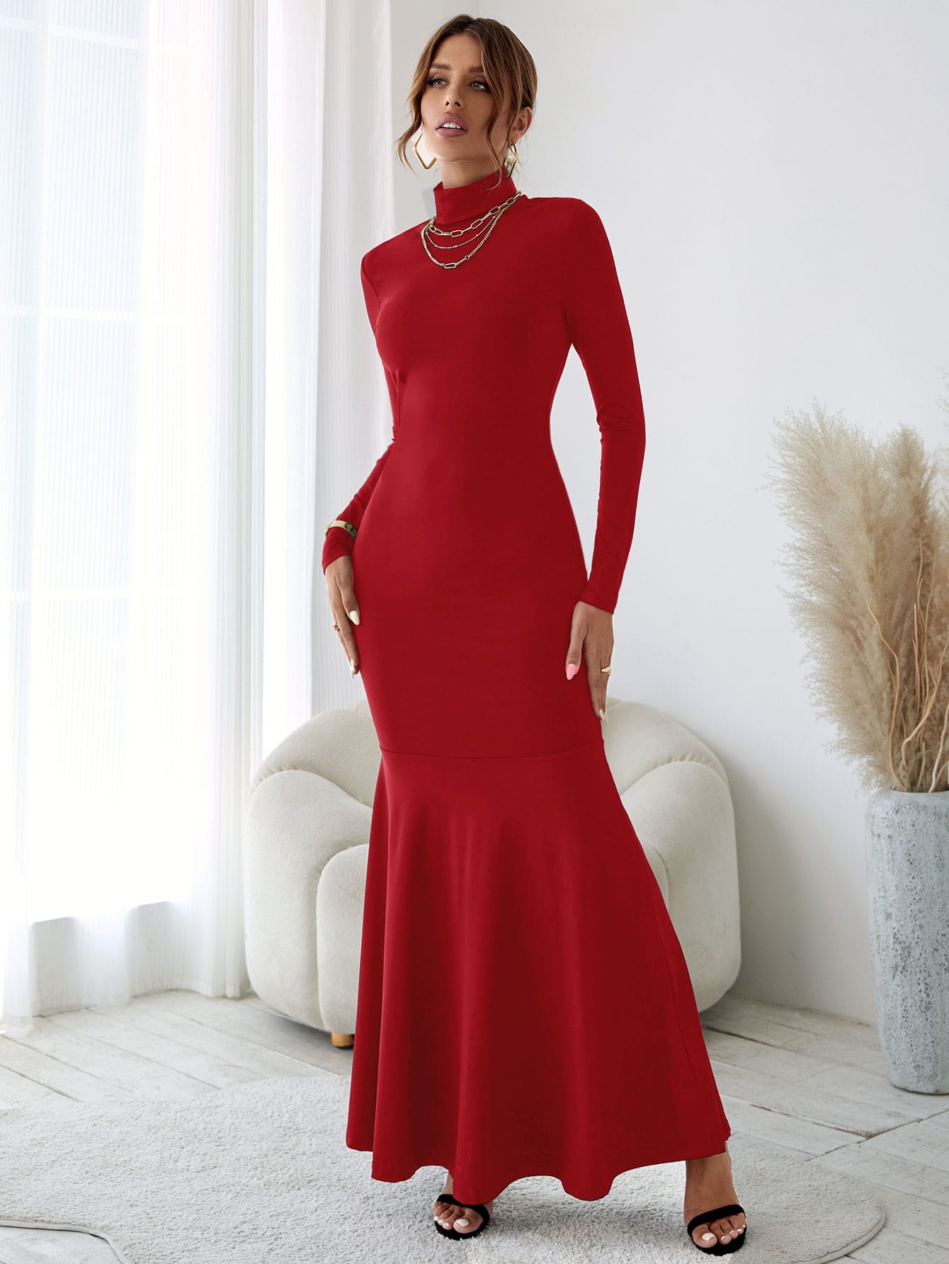Solid Turtleneck Mermaid Hem Maxi Dress Without Belt