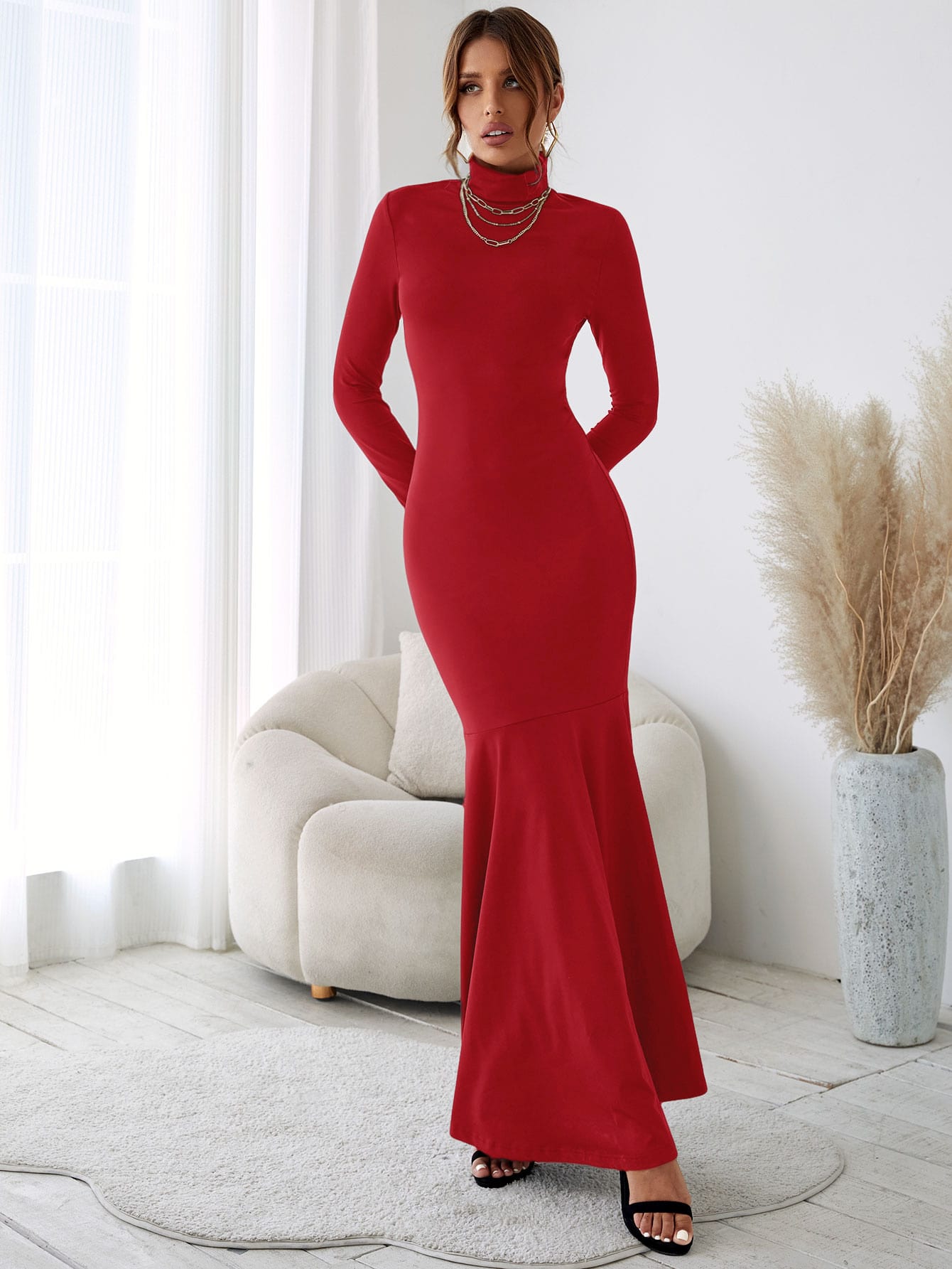 Solid Turtleneck Mermaid Hem Maxi Dress Without Belt