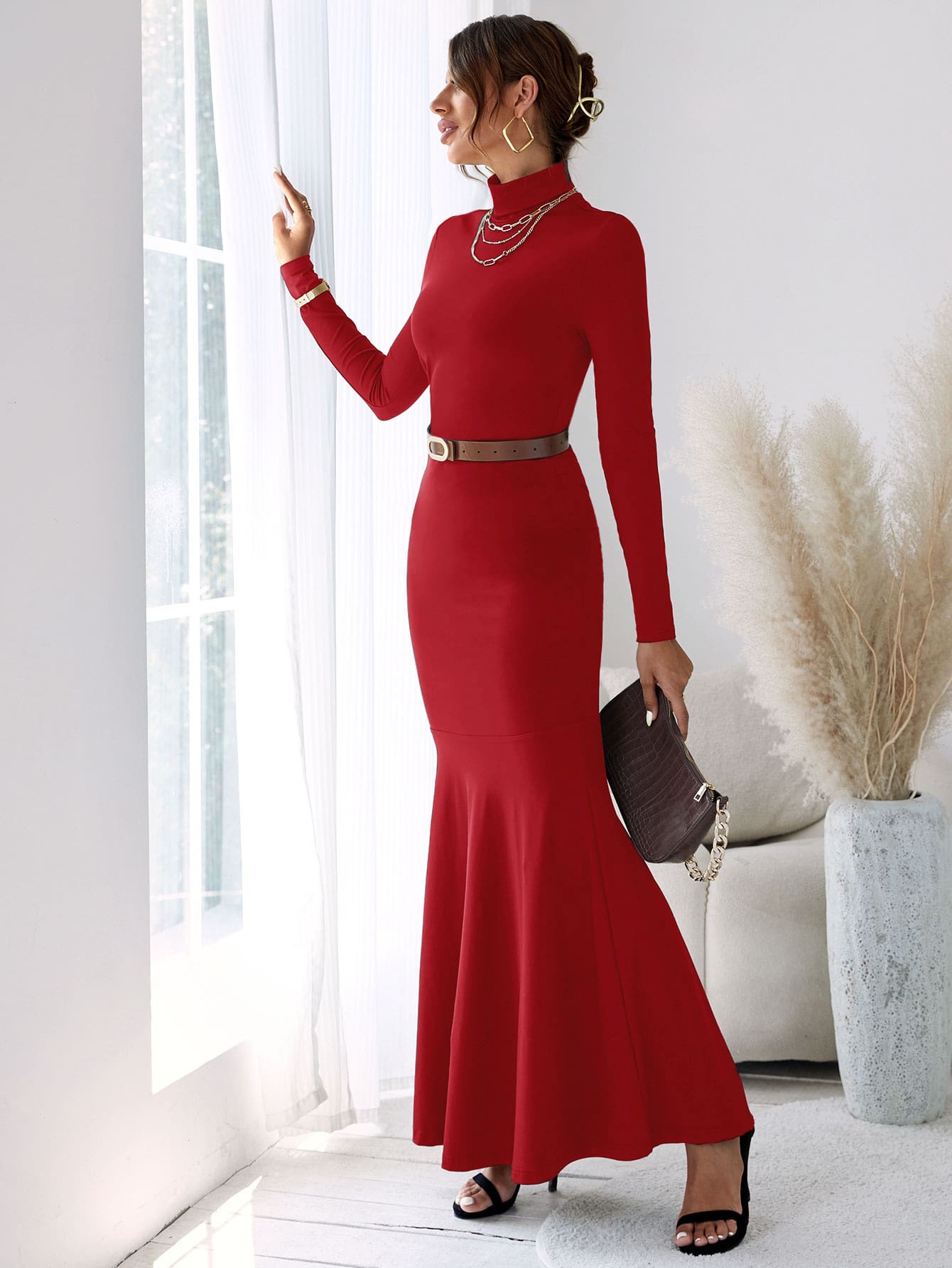 Solid Turtleneck Mermaid Hem Maxi Dress Without Belt