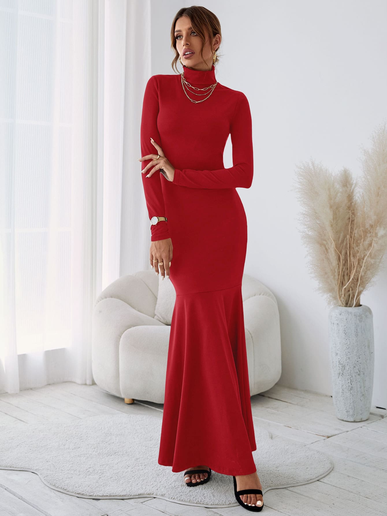 Solid Turtleneck Mermaid Hem Maxi Dress Without Belt