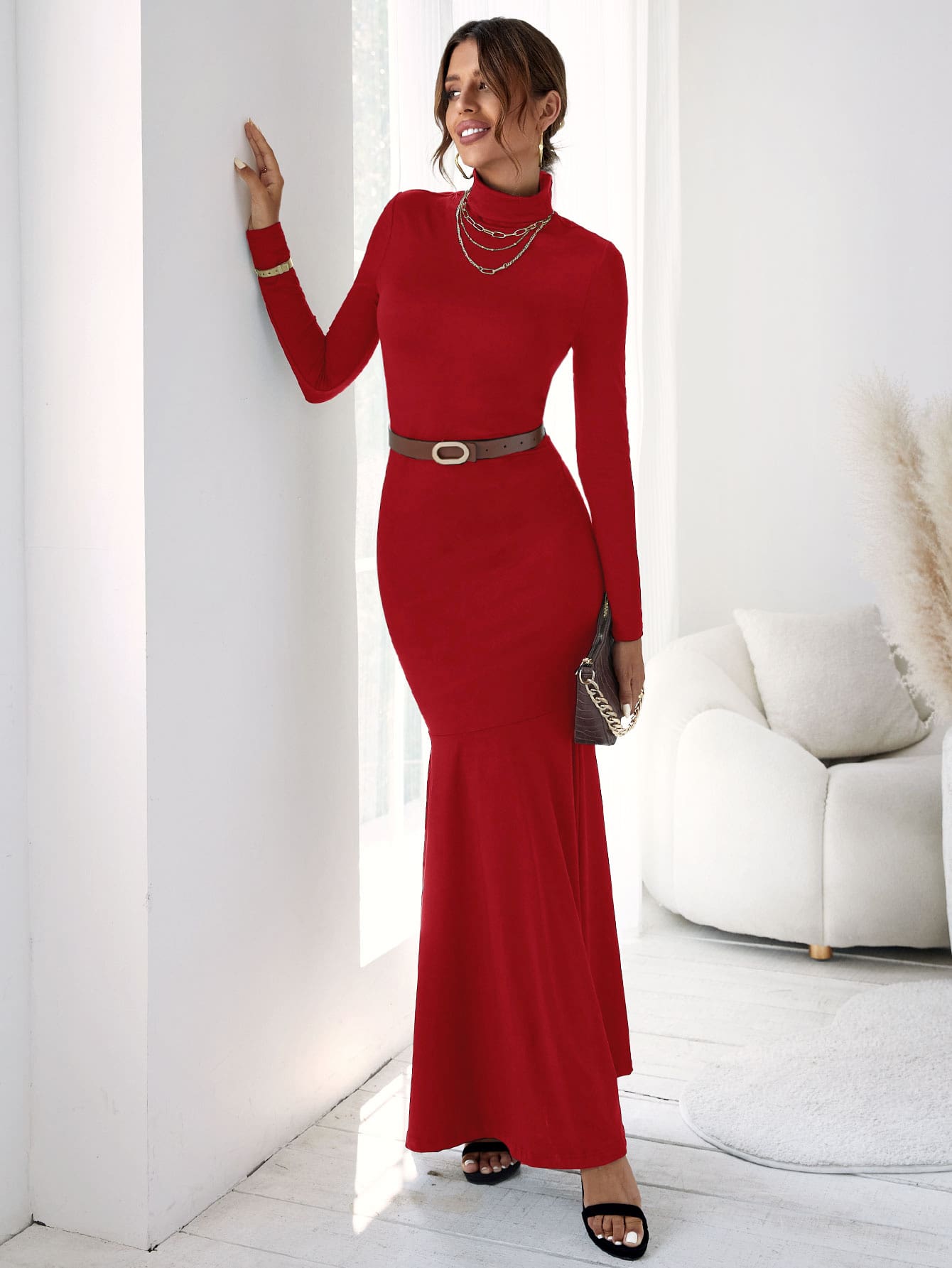 Solid Turtleneck Mermaid Hem Maxi Dress Without Belt