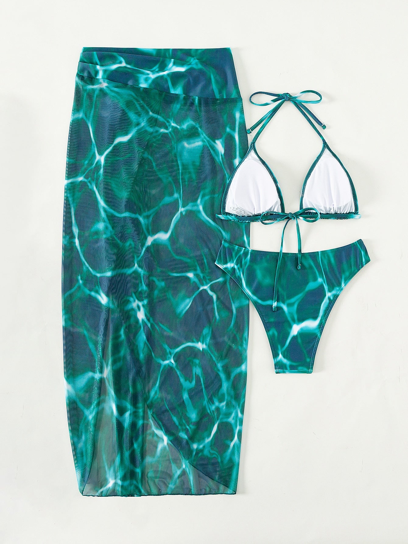 All Over Print Halter Triangle Bikini Swimsuit With Beach Skirt