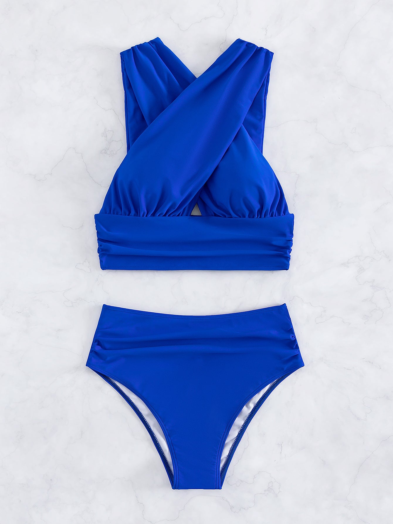 Criss Cross Ruched High Waisted Bikini Swimsuit