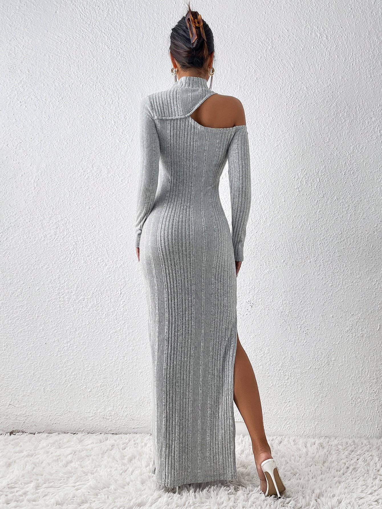 Cut Out Split Thigh Mock Neck Dress
