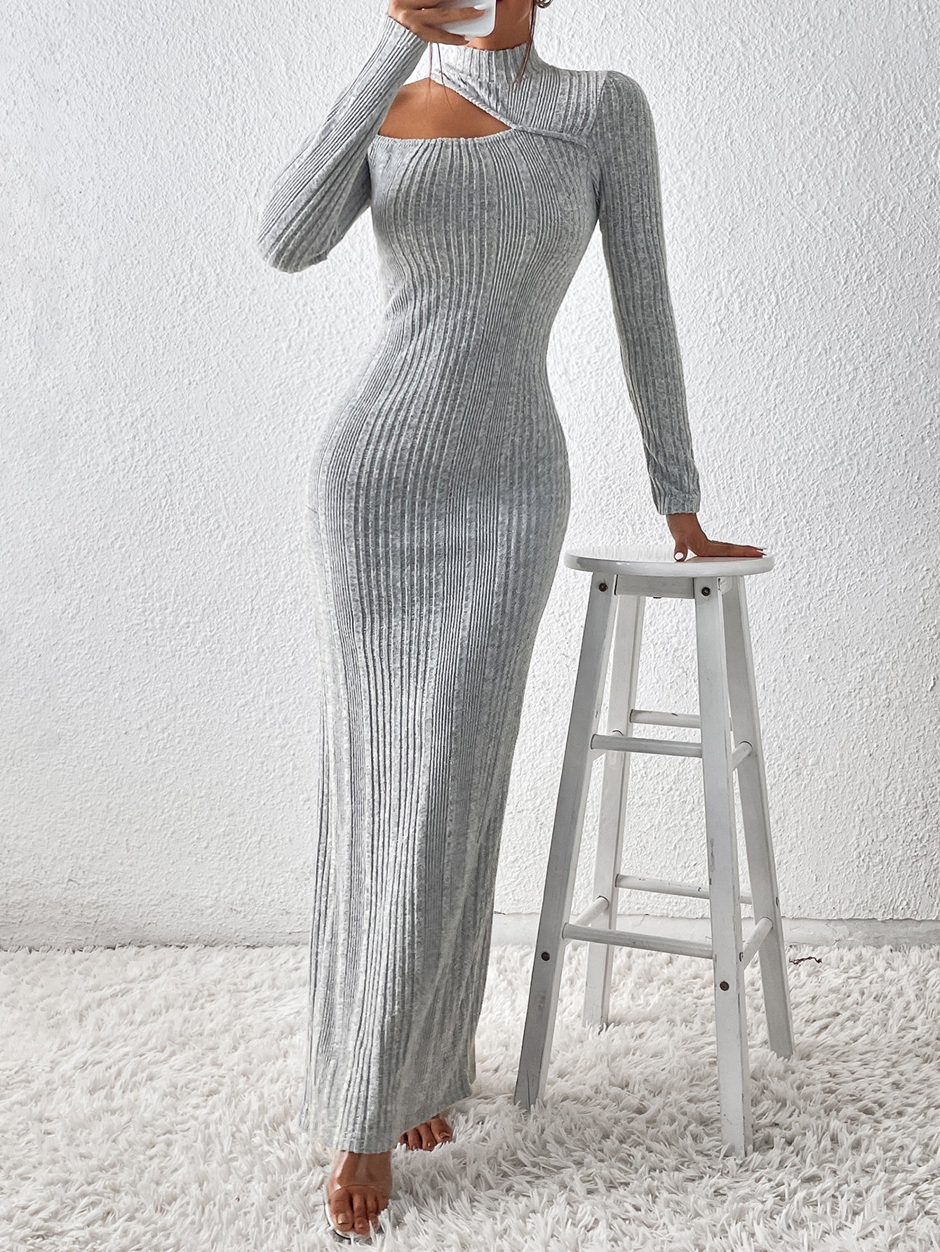 Cut Out Split Thigh Mock Neck Dress