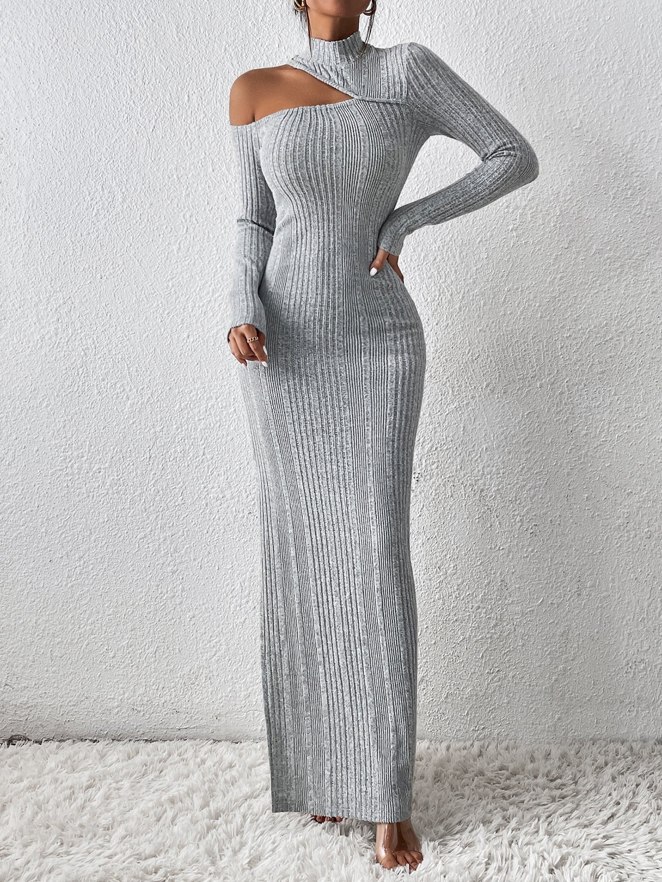 Cut Out Split Thigh Mock Neck Dress