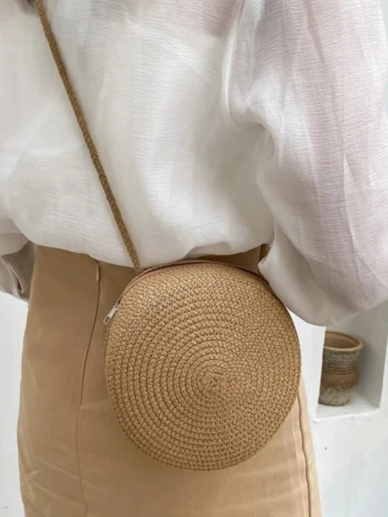Mini Neon Red Crossbody Circle Shape Straw Bag