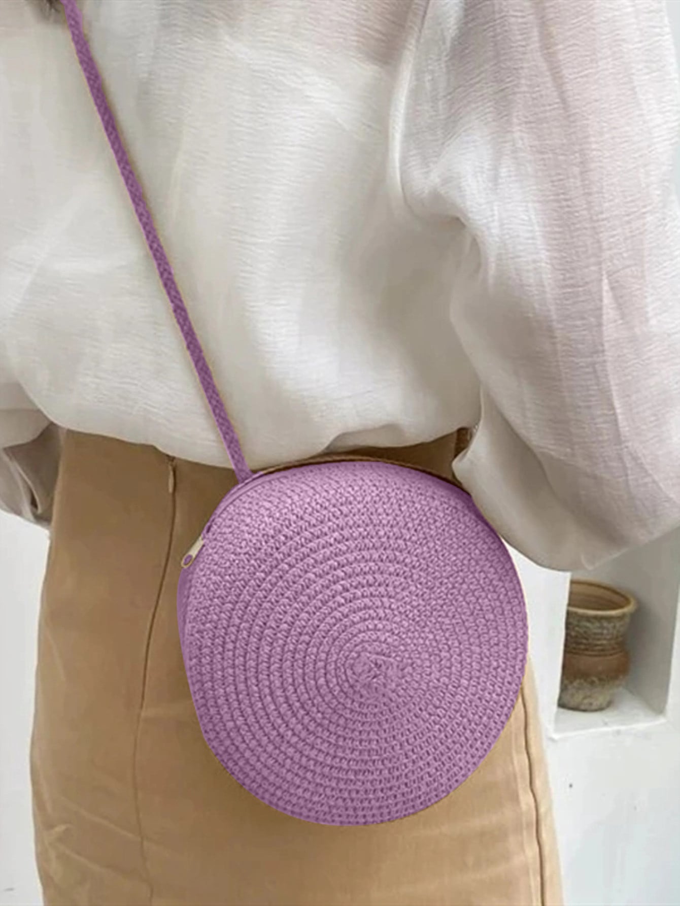Mini Neon Red Crossbody Circle Shape Straw Bag