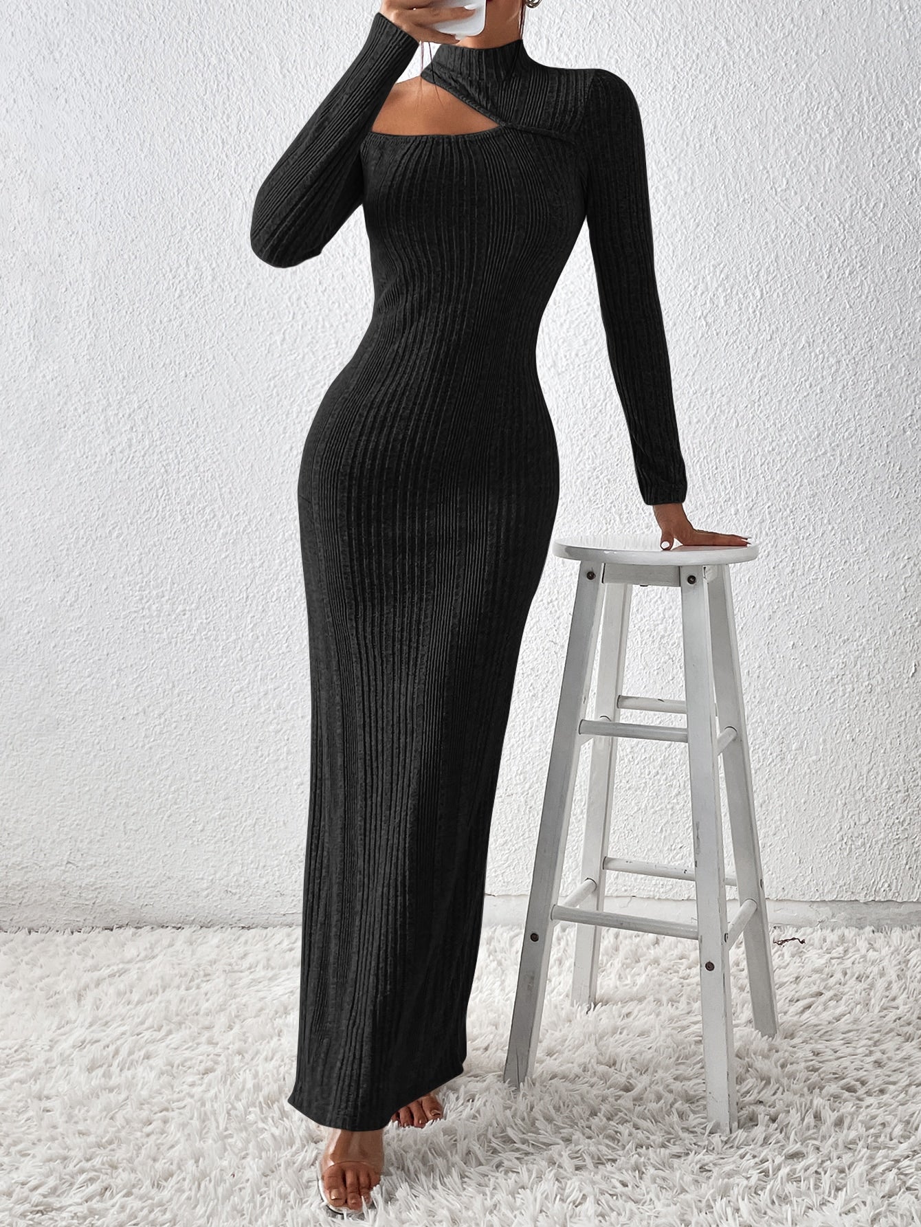 Cut Out Split Thigh Mock Neck Dress