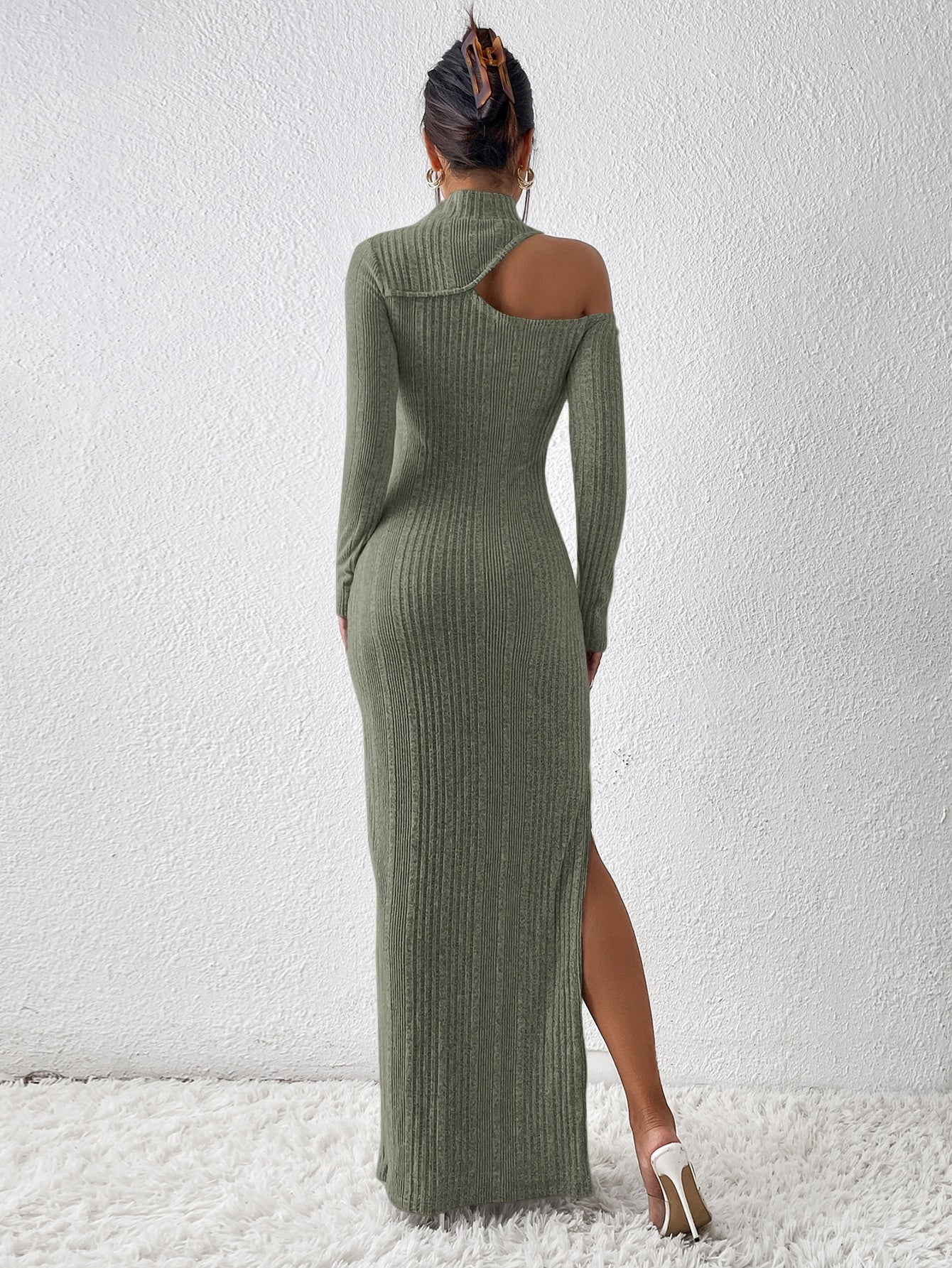 Cut Out Split Thigh Mock Neck Dress