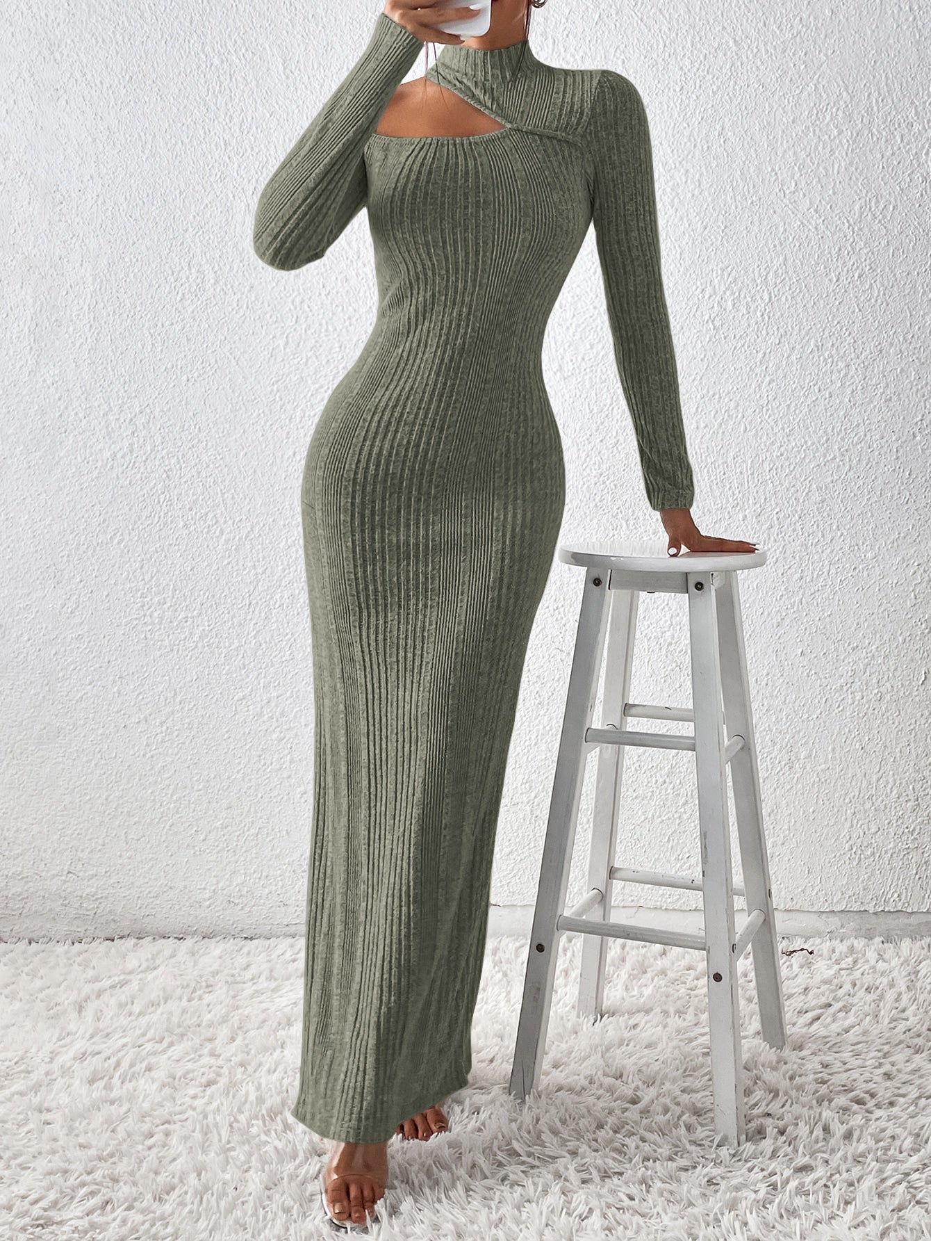 Cut Out Split Thigh Mock Neck Dress
