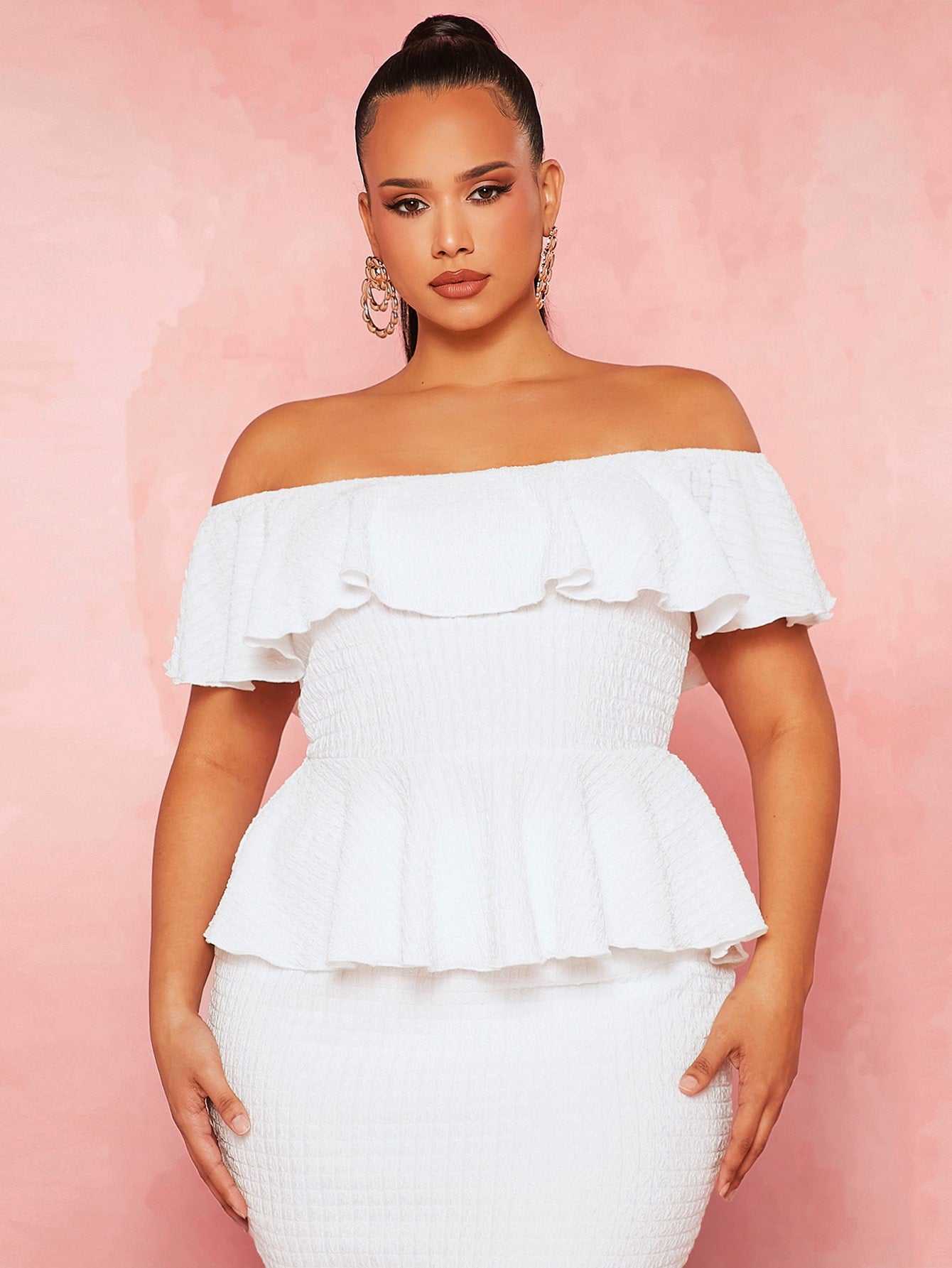 Plus Off Shoulder Ruffle Trim Shirred Peplum Tee