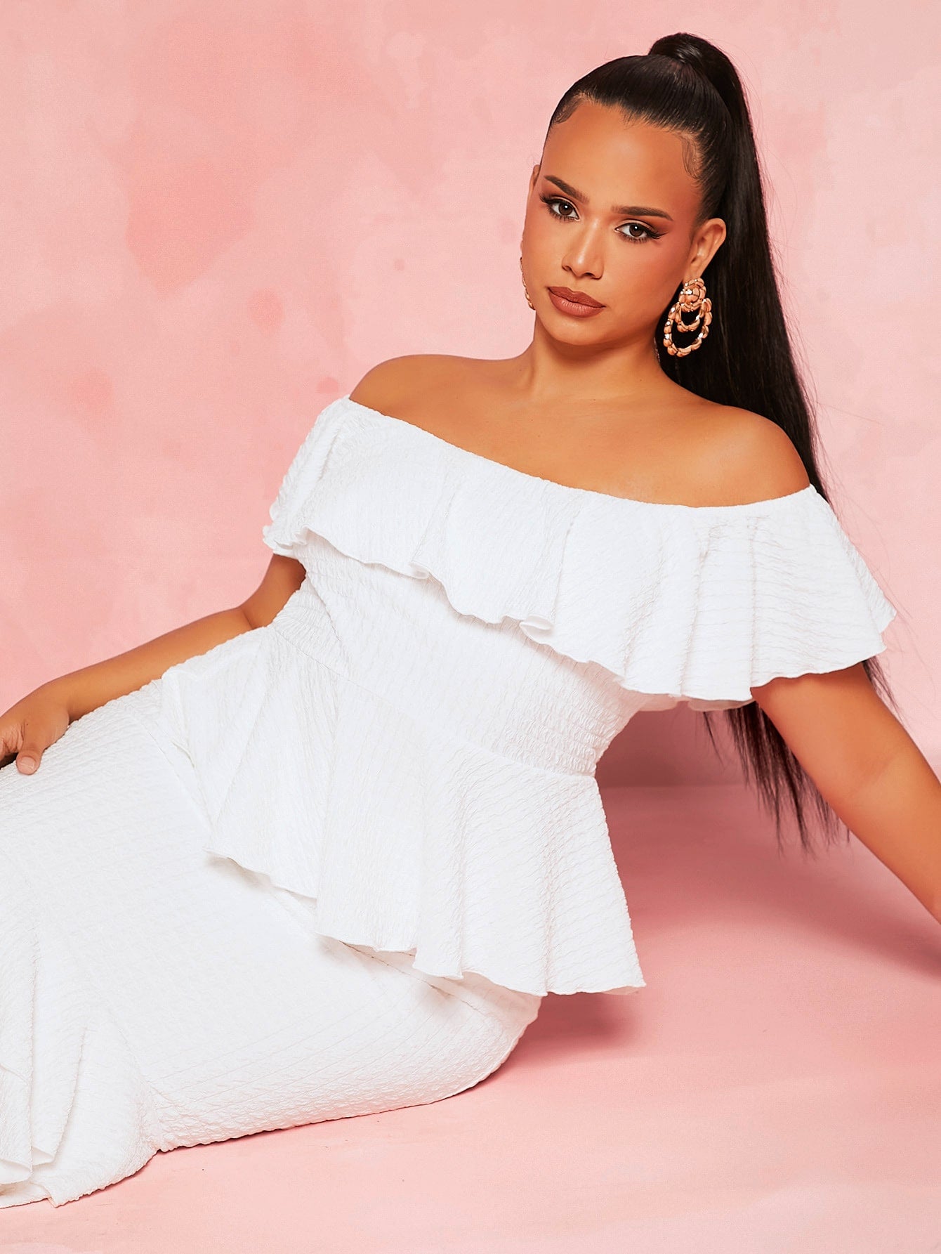 Plus Off Shoulder Ruffle Trim Shirred Peplum Tee
