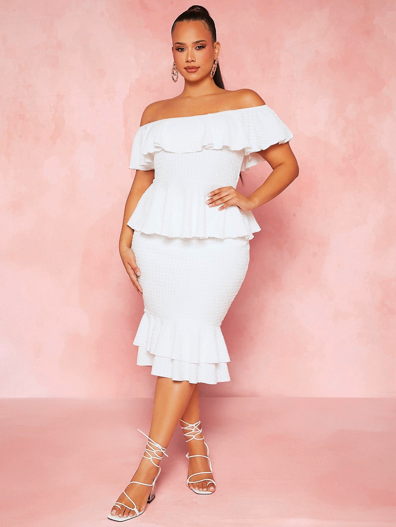 Plus Off Shoulder Ruffle Trim Shirred Peplum Tee